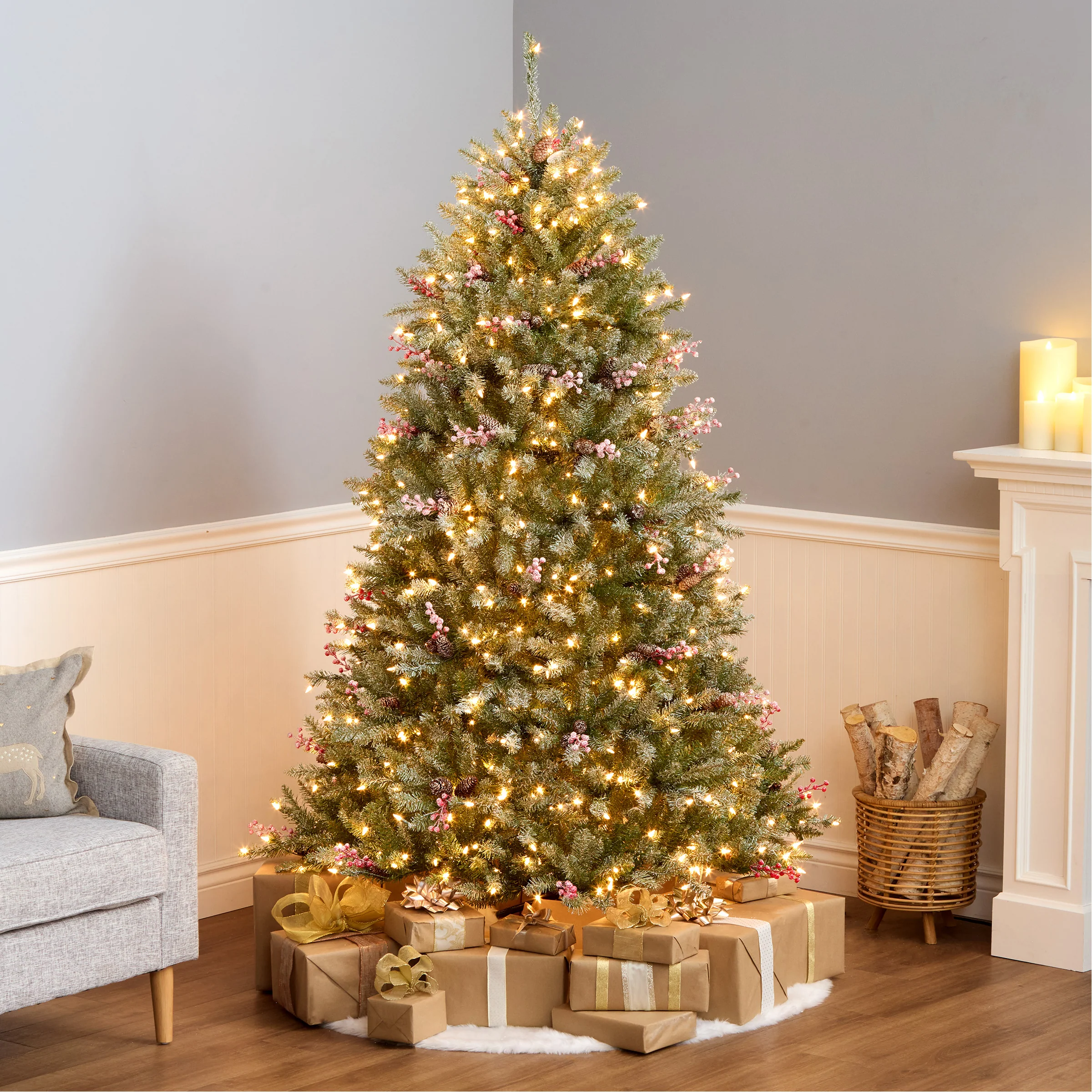 6.5 ft. Pre-Lit Dunhill Fir Flocked Snowy Tree with Clear Lights - Image 2