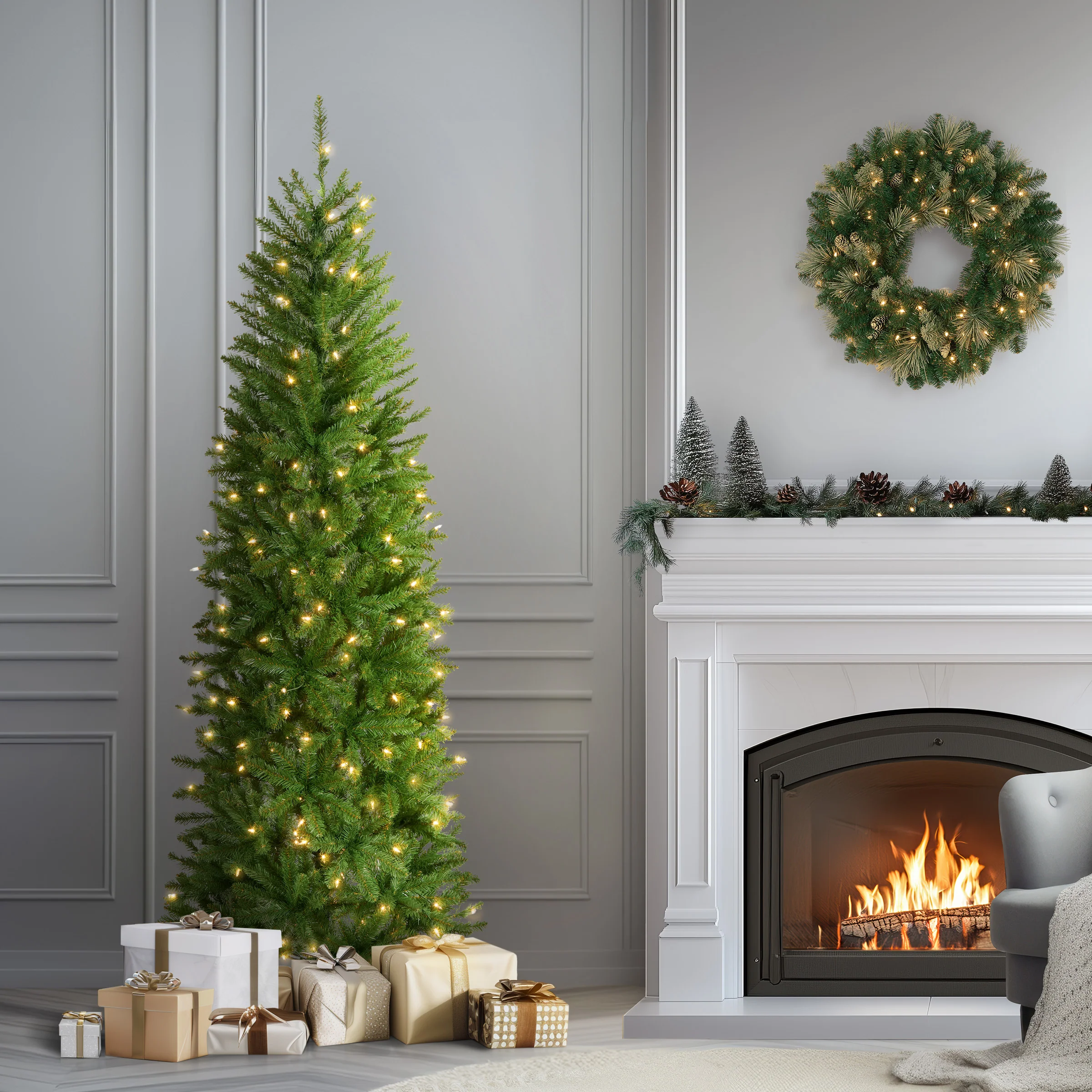 6.5 ft. Pre-Lit Kingswood Fir Pencil Tree with Clear Lights - Image 3