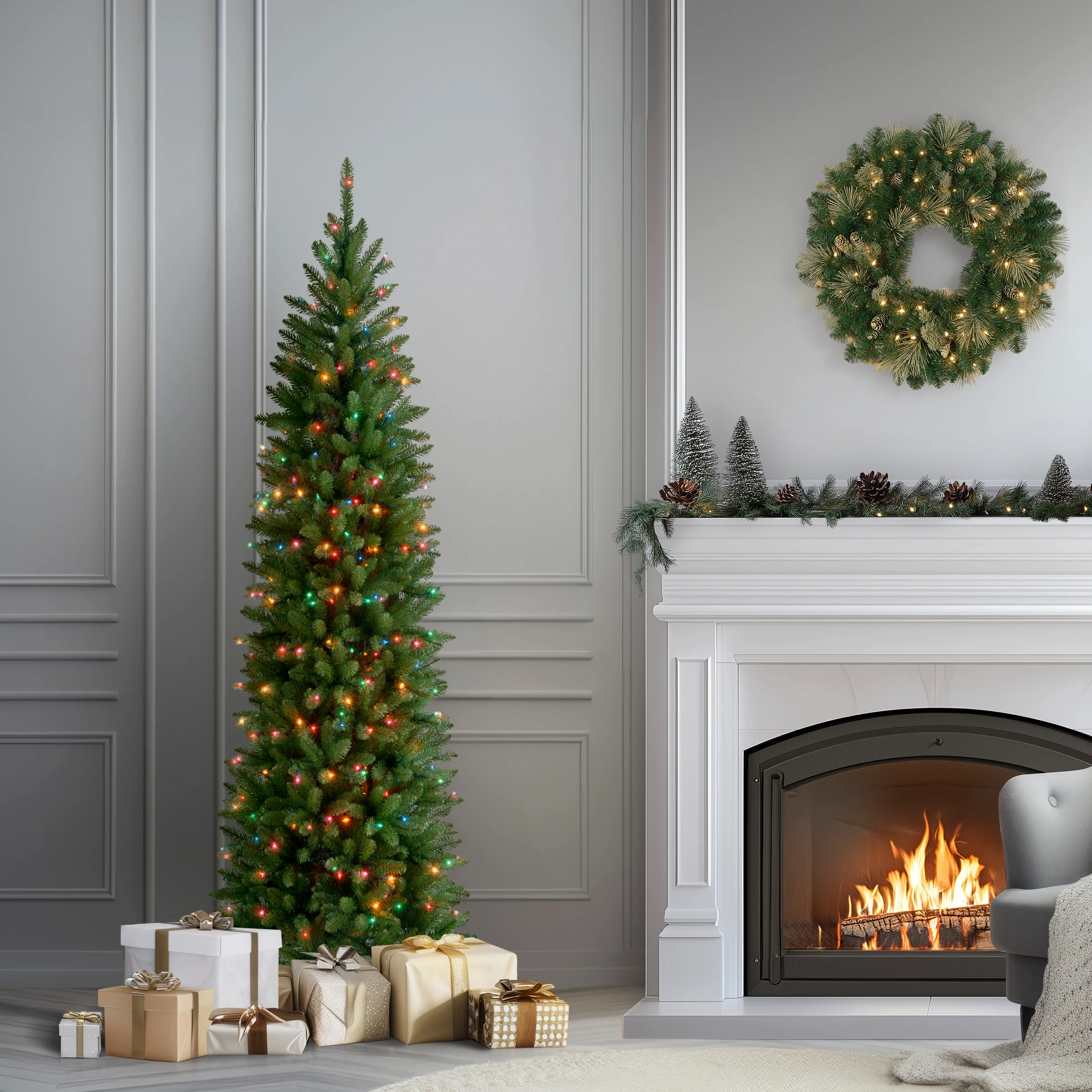 6.5 ft. Pre-Lit Kingswood Fir Pencil Tree with Multicolor Lights, Plug-In - Image 2