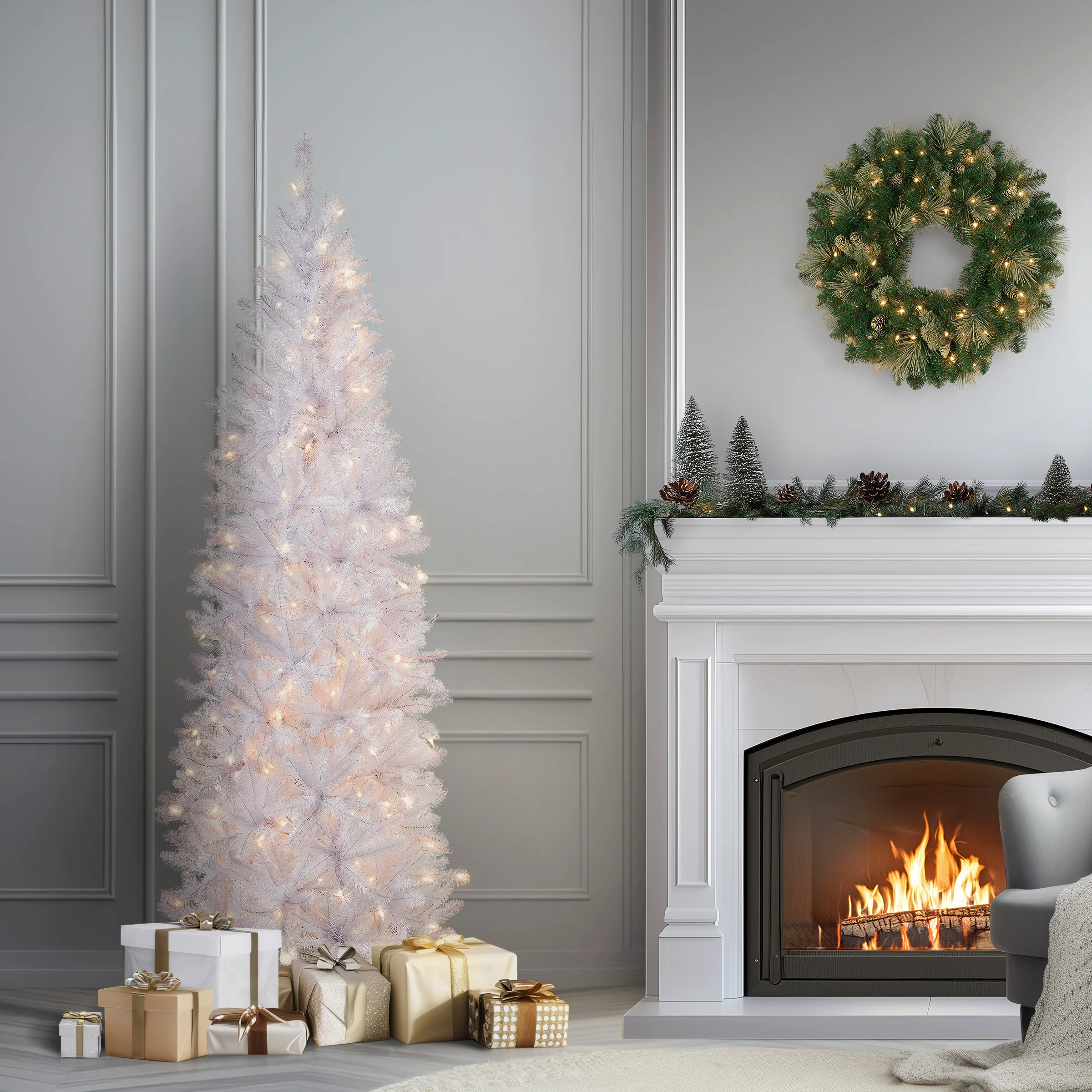 6.5 ft. Pre-Lit Kingswood Fir White Pencil Tree with Clear Lights, Plug-In - Image 2