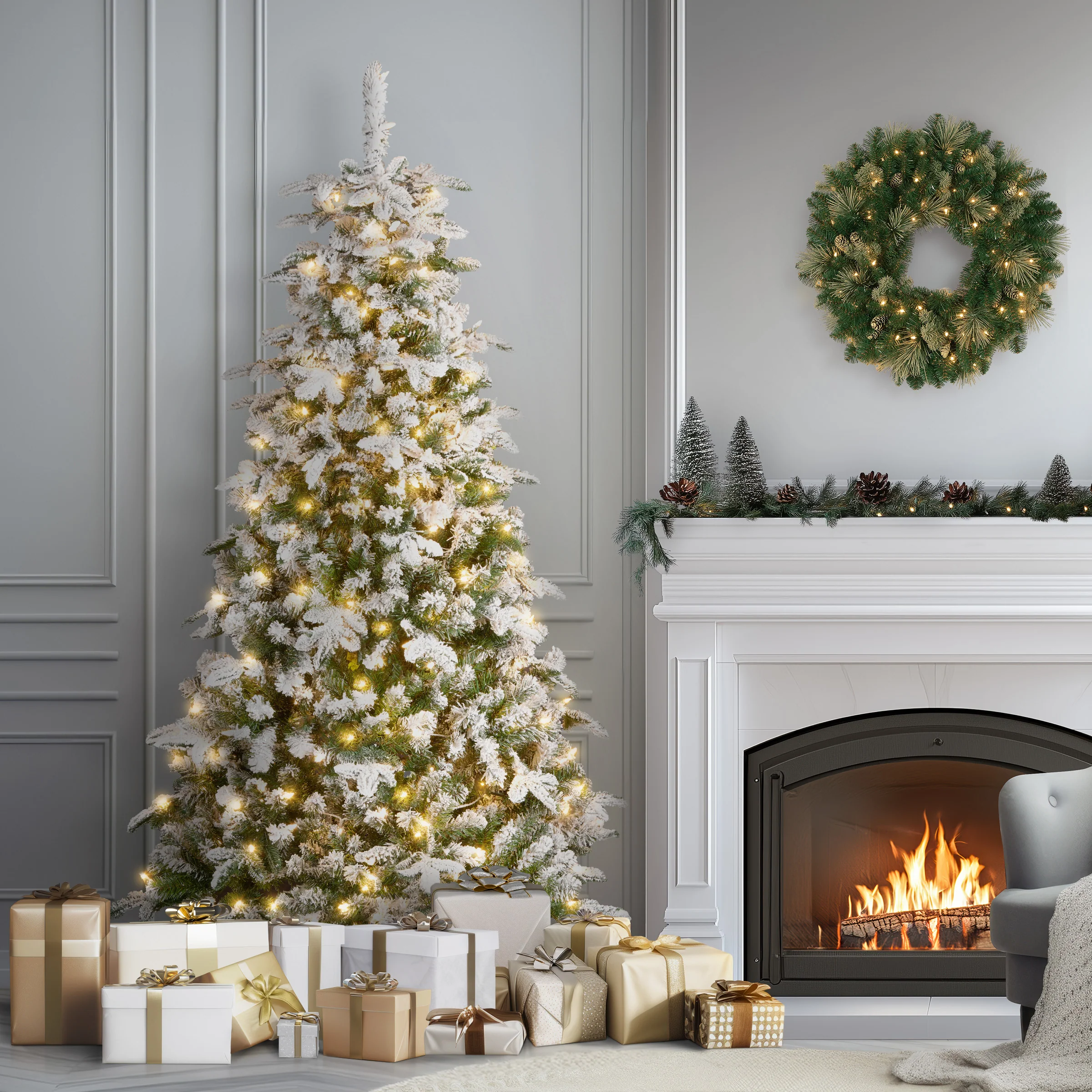 6.5 ft. Pre-Lit Snowy Everest Fir Medium Tree with Clear Lights, Plug-In - Image 3