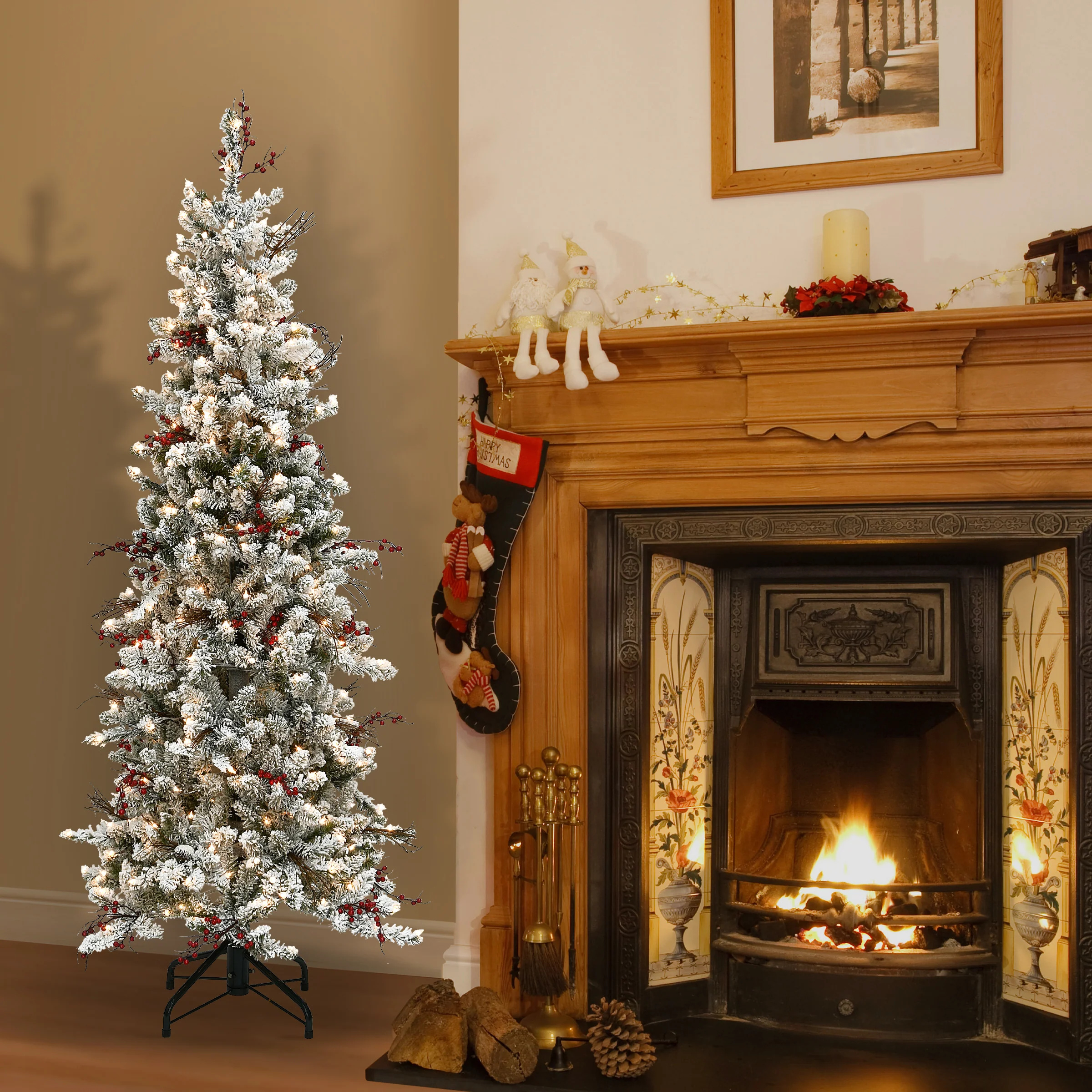 6.5 ft. Pre-Lit Snowy Freehold Spruce Pencil Slim Tree with Clear Lights - Image 2