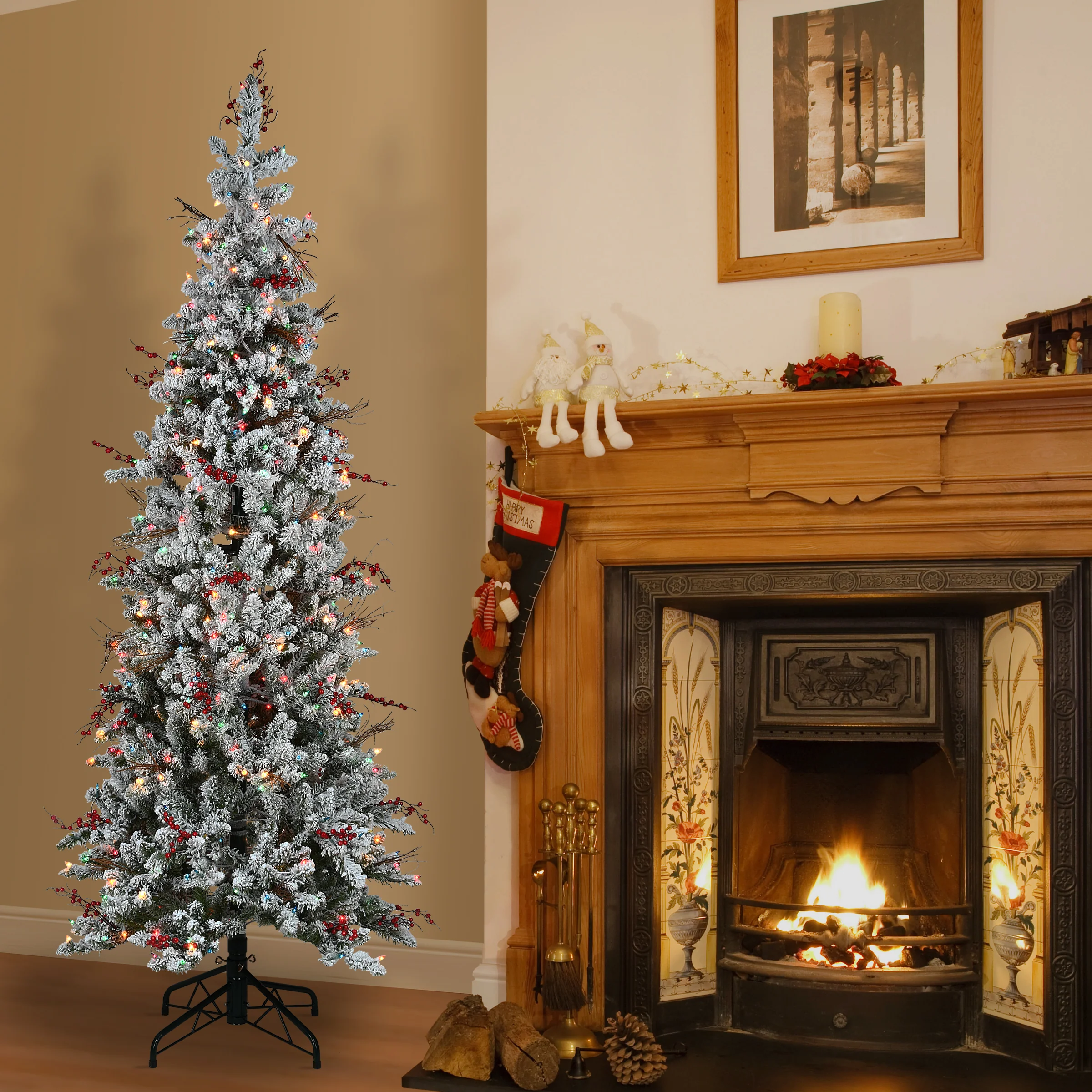 6.5 ft. Pre-Lit Snowy Freehold Spruce Pencil Slim Tree with Multicolor Lights - Image 2