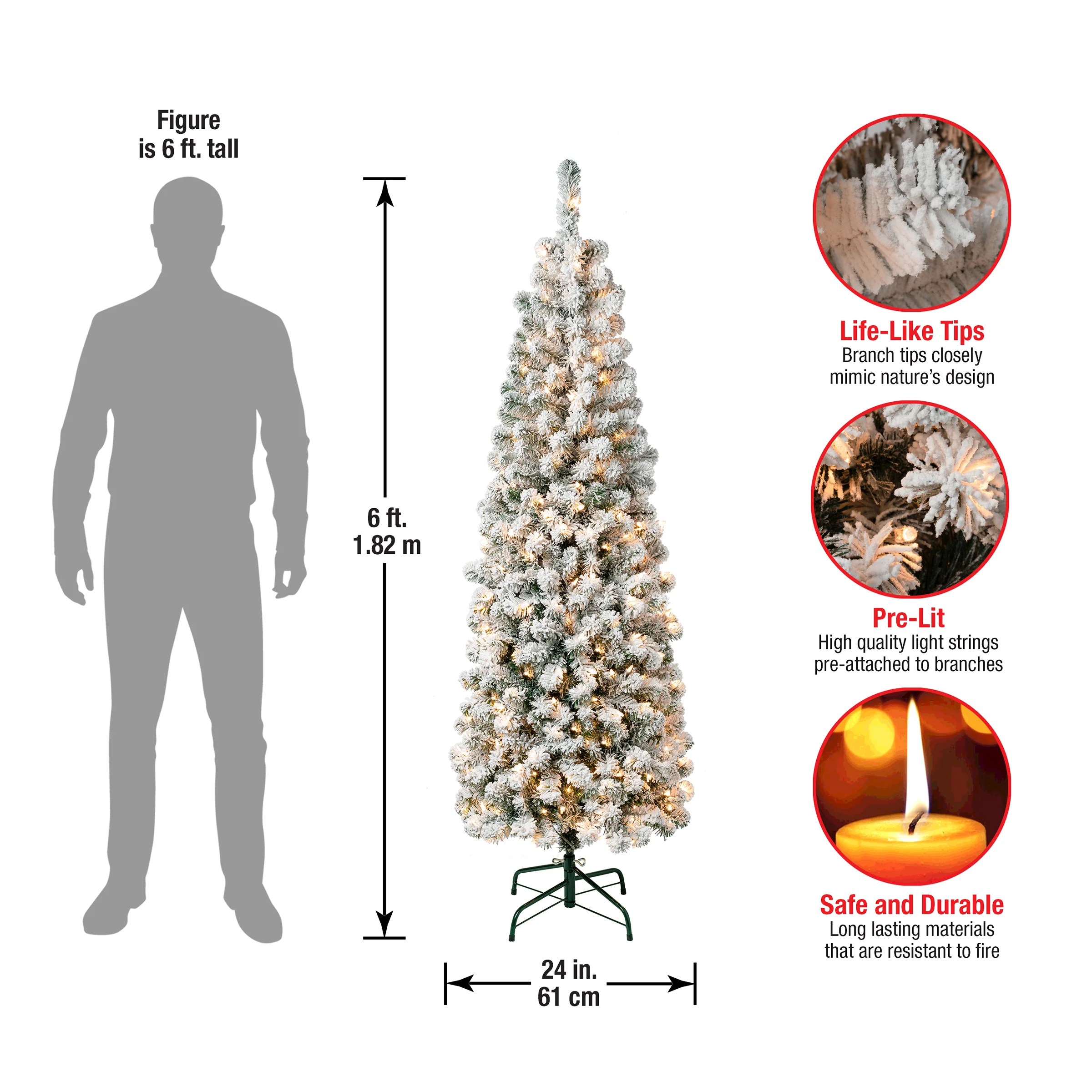 6 ft. Pre-Lit Acacia Pencil Slim Flocked Tree with Clear Lights, Plug-In - Image 4