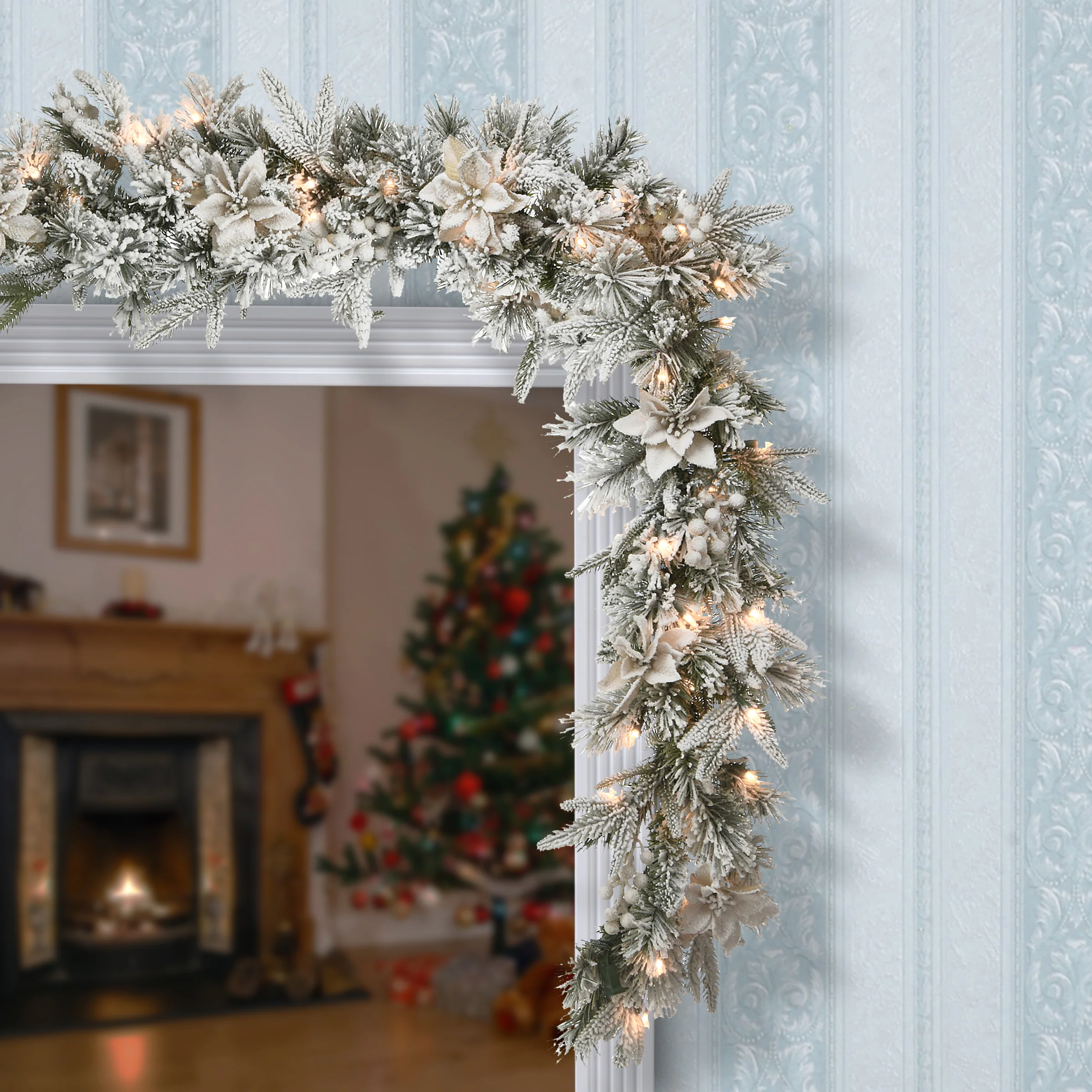 6 ft. Pre-Lit Frosted Colonial Fir Garland with Clear Lights - Image 2