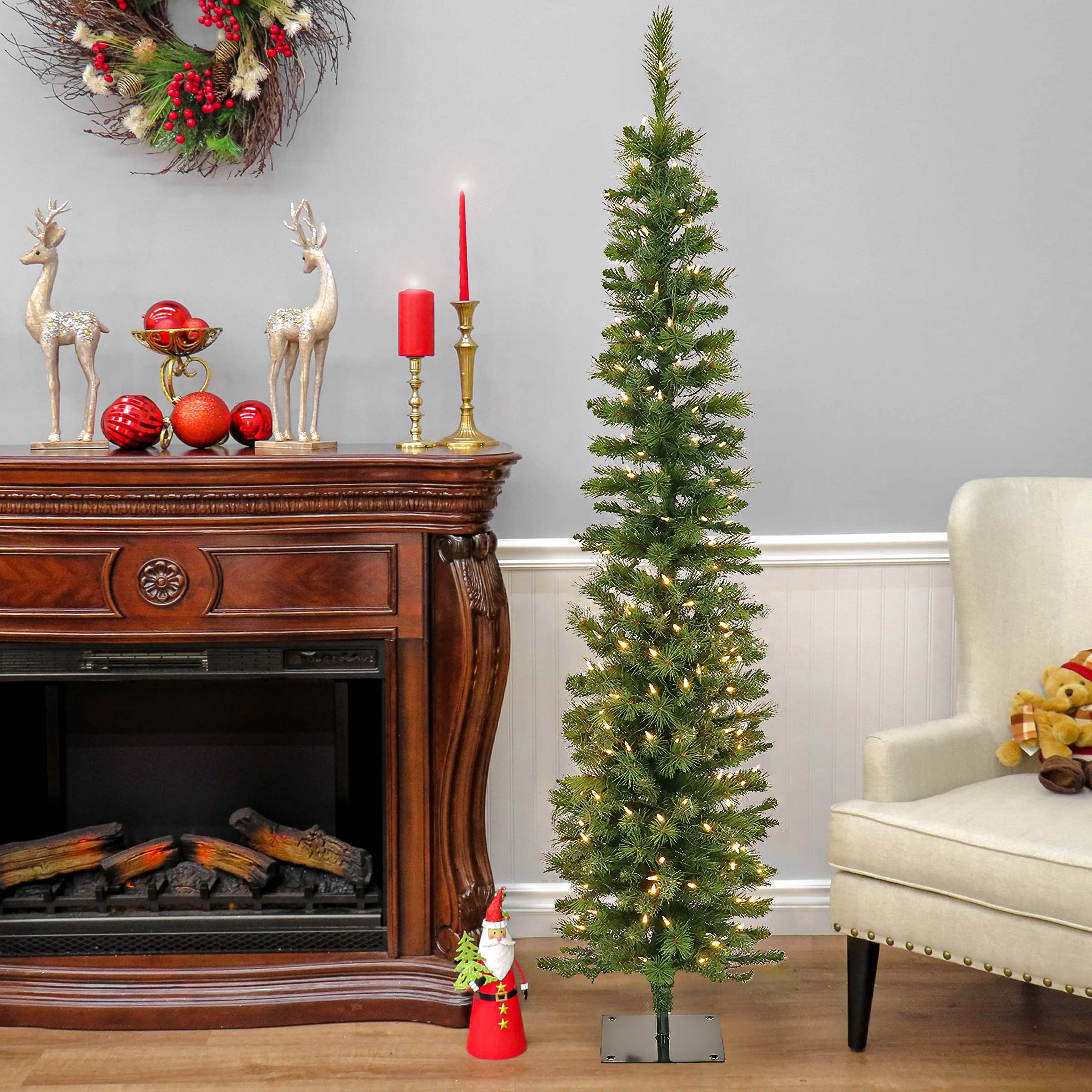 6 ft. Pre-Lit Nooksack Fir Pencil Slim Tree with LED Lights, Plug-In - Image 2