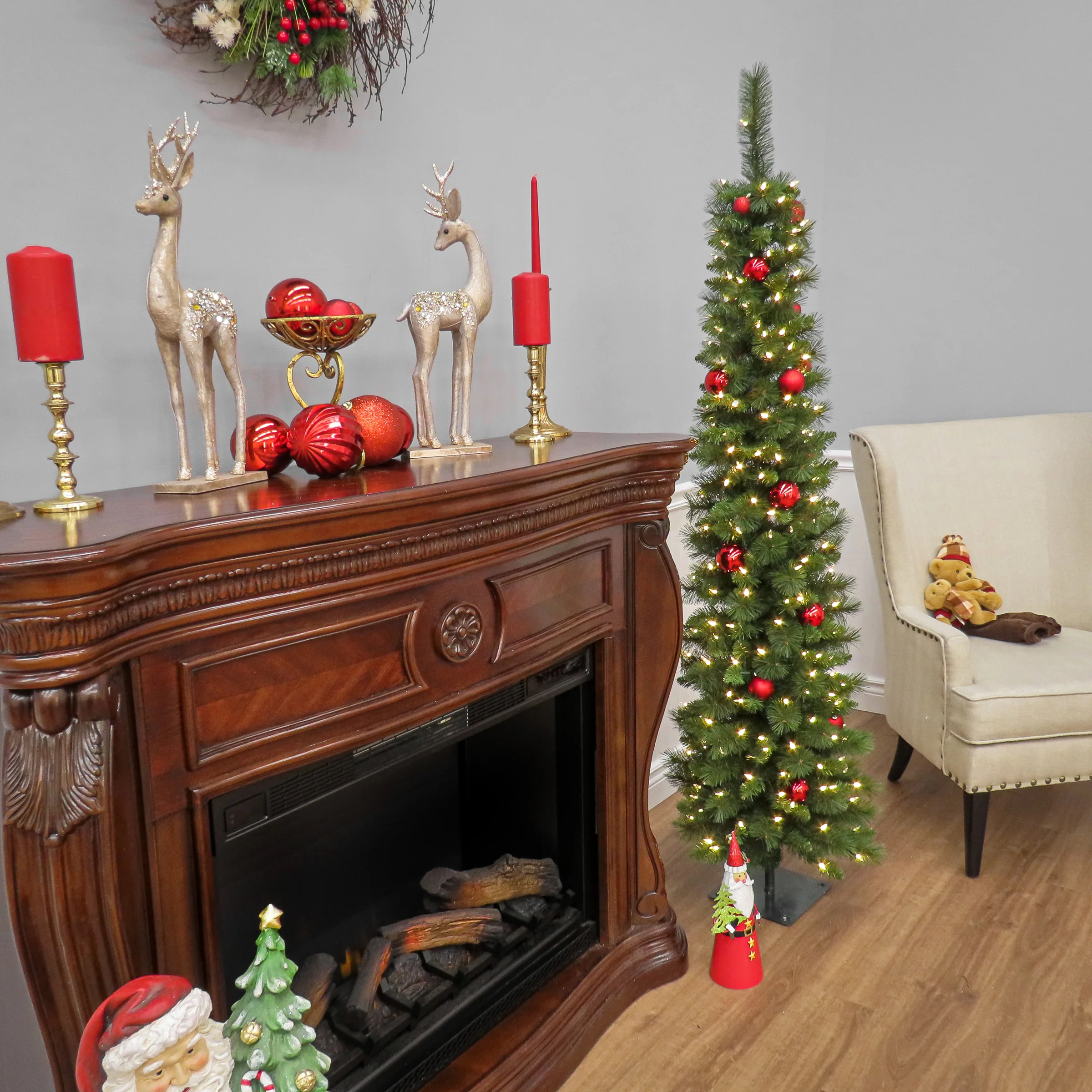 6 ft. Pre-Lit Nooksack Fir Pencil Slim Tree with LED Lights, Plug-In - Image 4