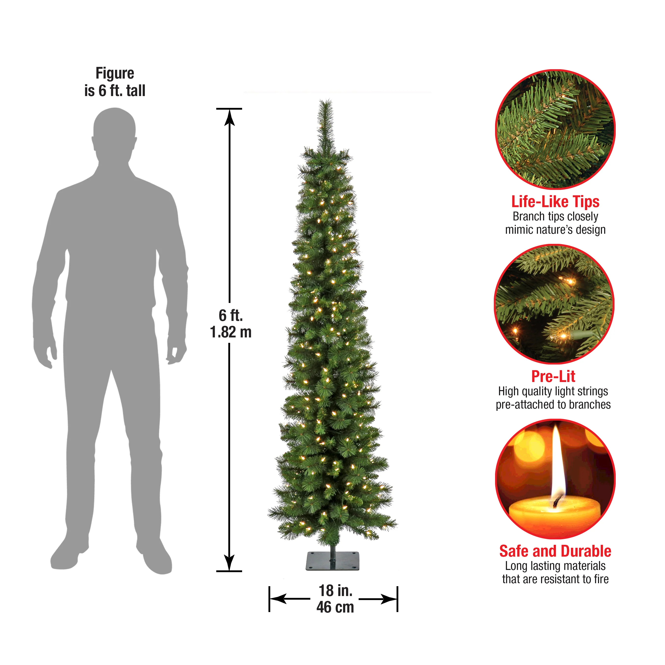 6 ft. Pre-Lit Nooksack Fir Pencil Slim Tree with LED Lights, Plug-In - Image 5