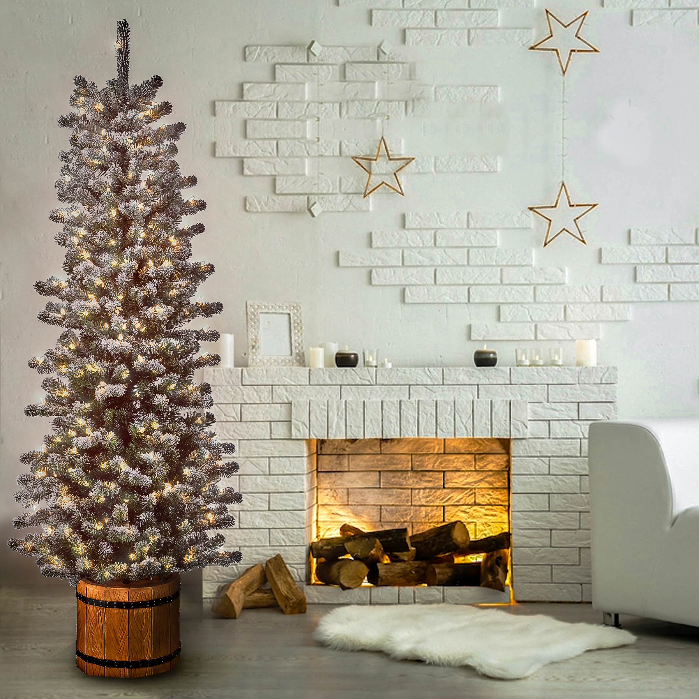 6 ft. Pre-Lit Snowy Sheffield Spruce Slim with Clear Lights - Image 2