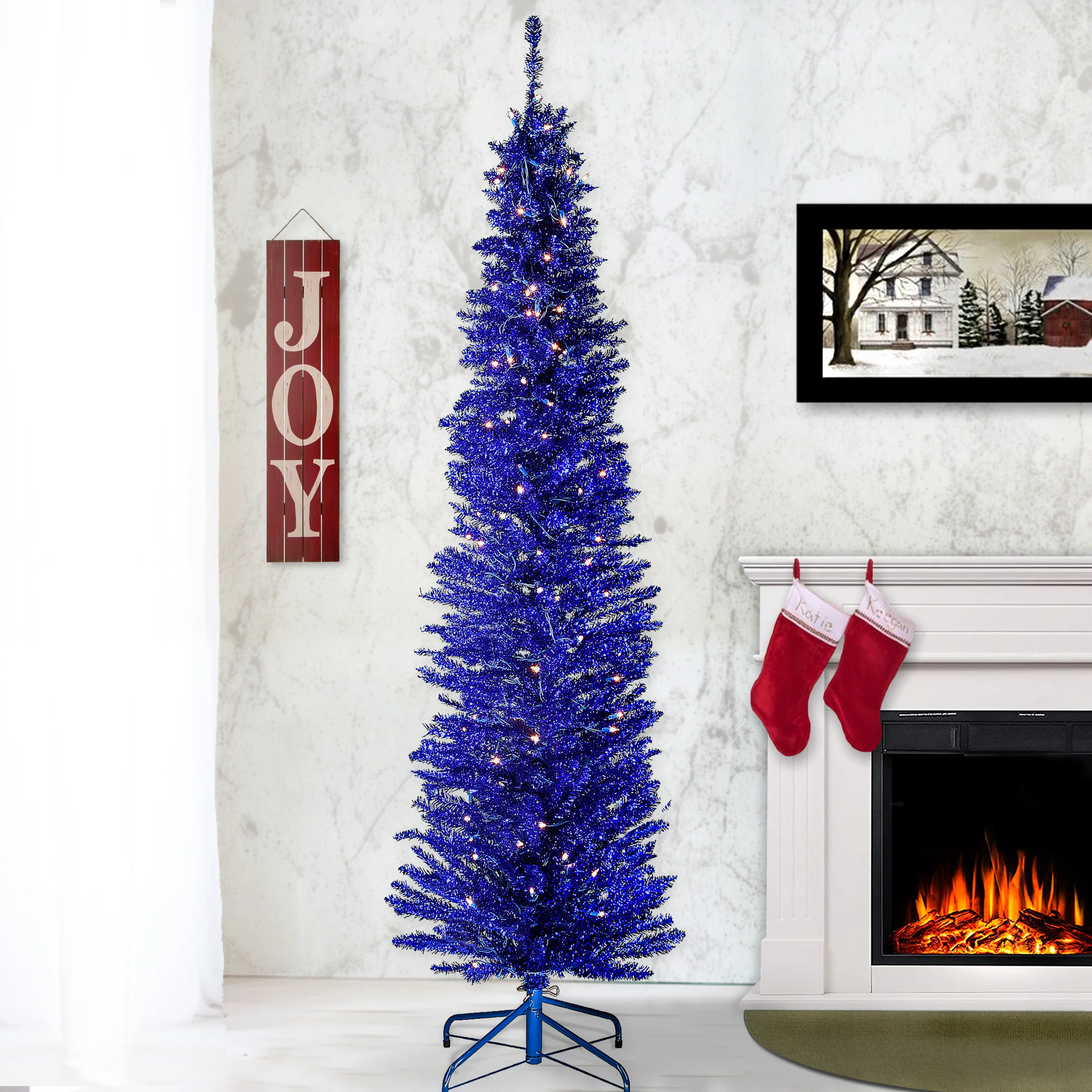 6 ft. Pre-Lit Tinsel Collection Blue Tree with Clear Lights - Image 2