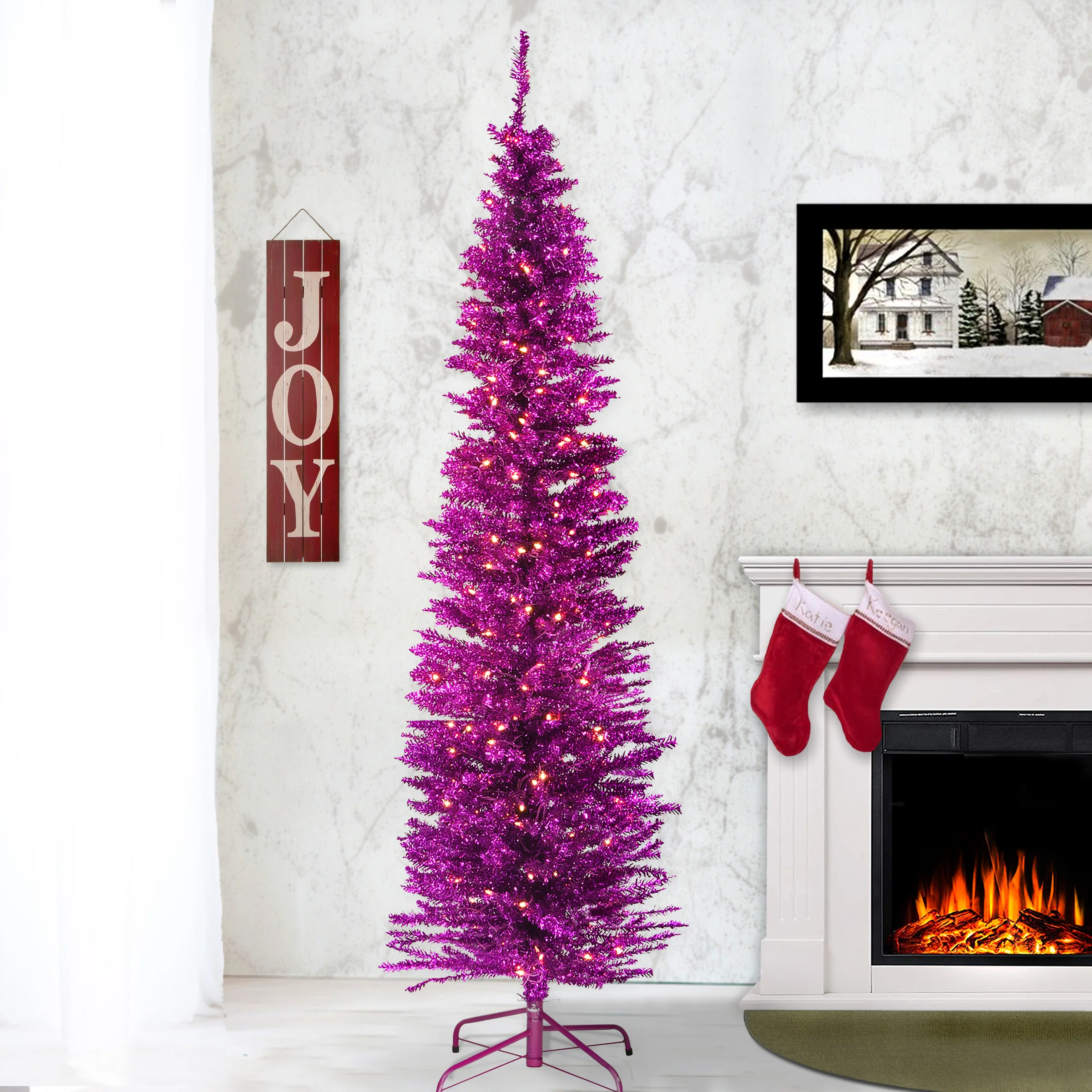 6 ft. Pre-Lit Tinsel Collection Pink Tree with Clear Lights, Plug-In - Image 2
