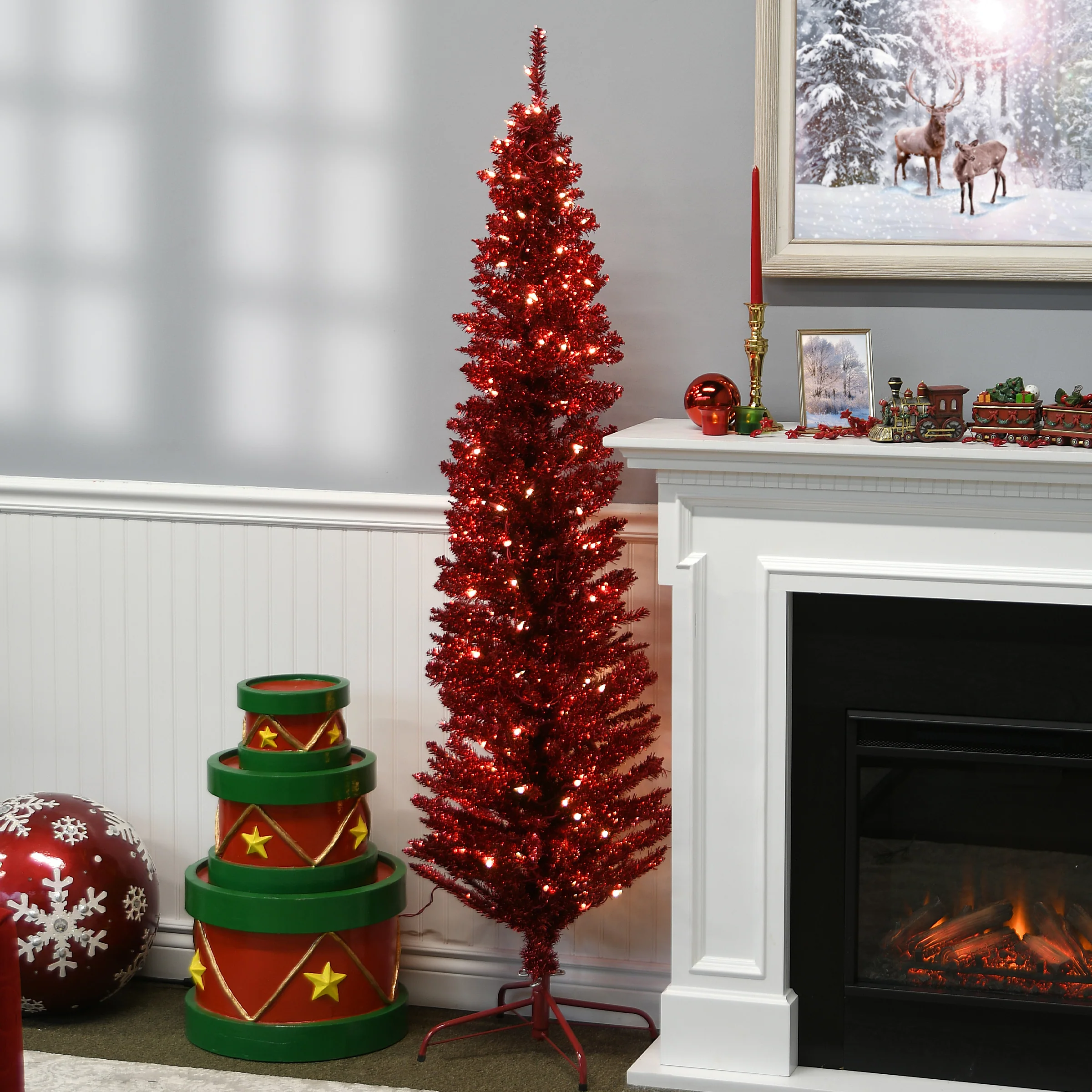6 ft. Pre-Lit Tinsel Collection Red Tree with Clear Lights - Image 2