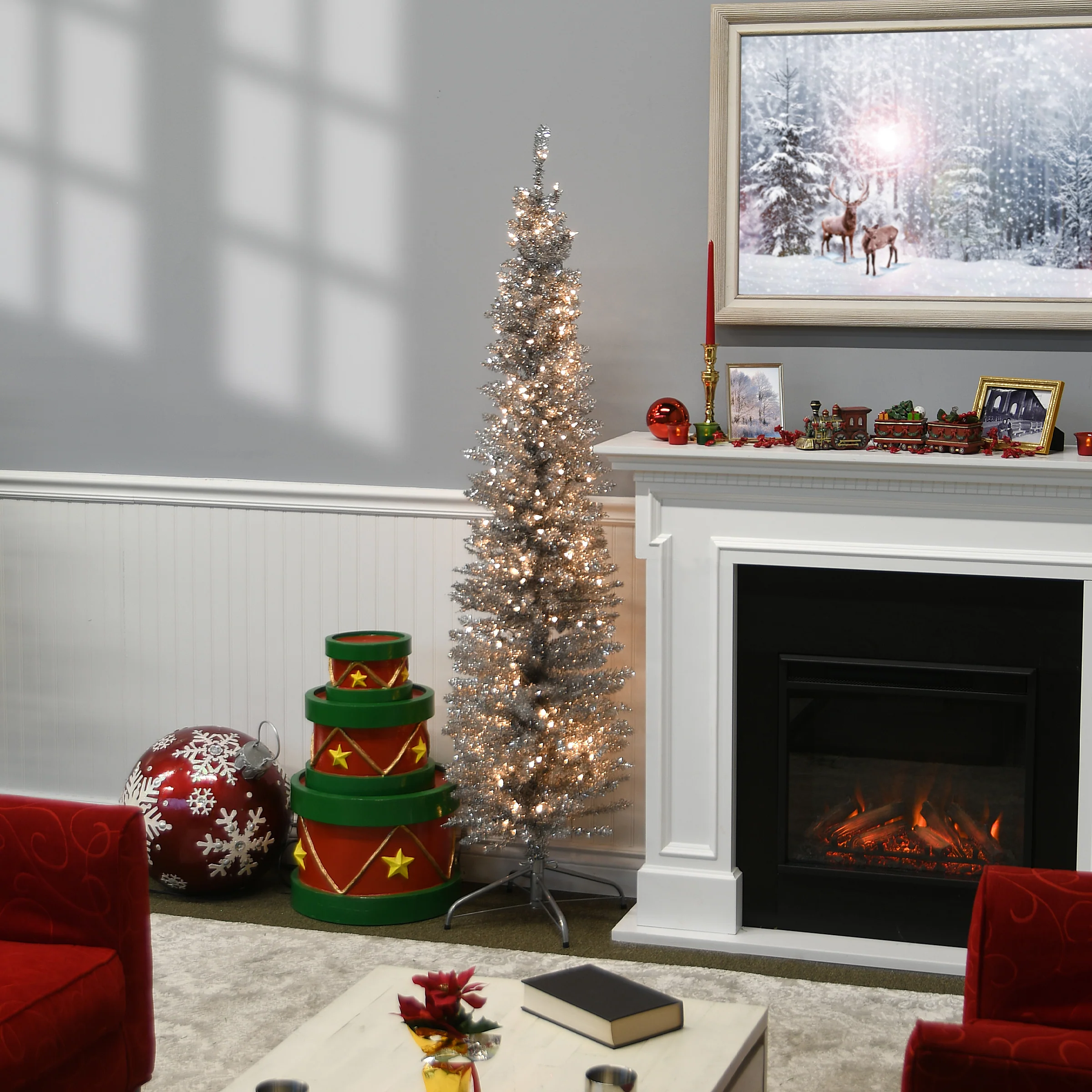 6 ft. Pre-Lit Tinsel Collection Silver Tree with Clear Lights - Image 2