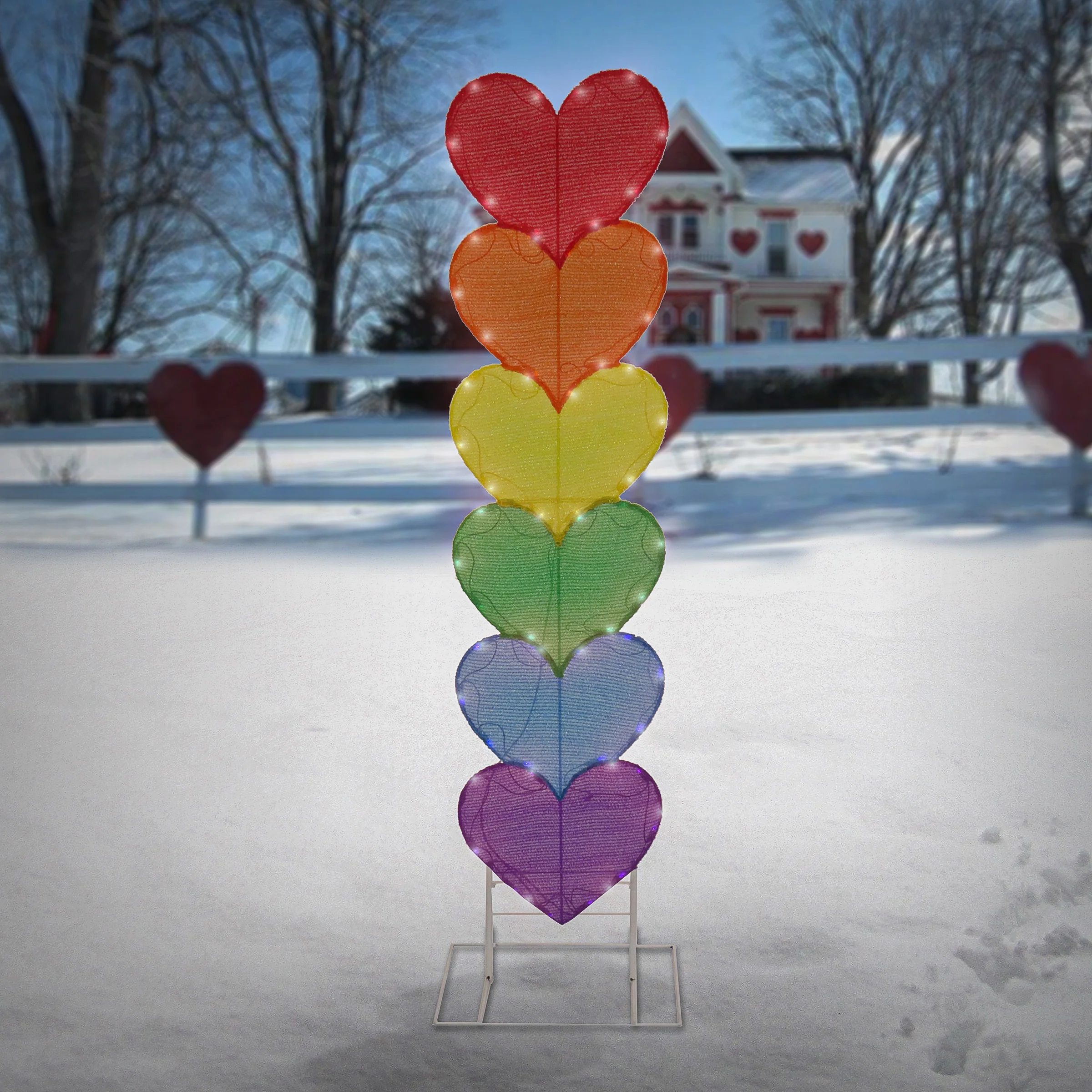 63 in. Valentine's Stacked Rainbow Hearts Decoration with LED Lights - Image 2