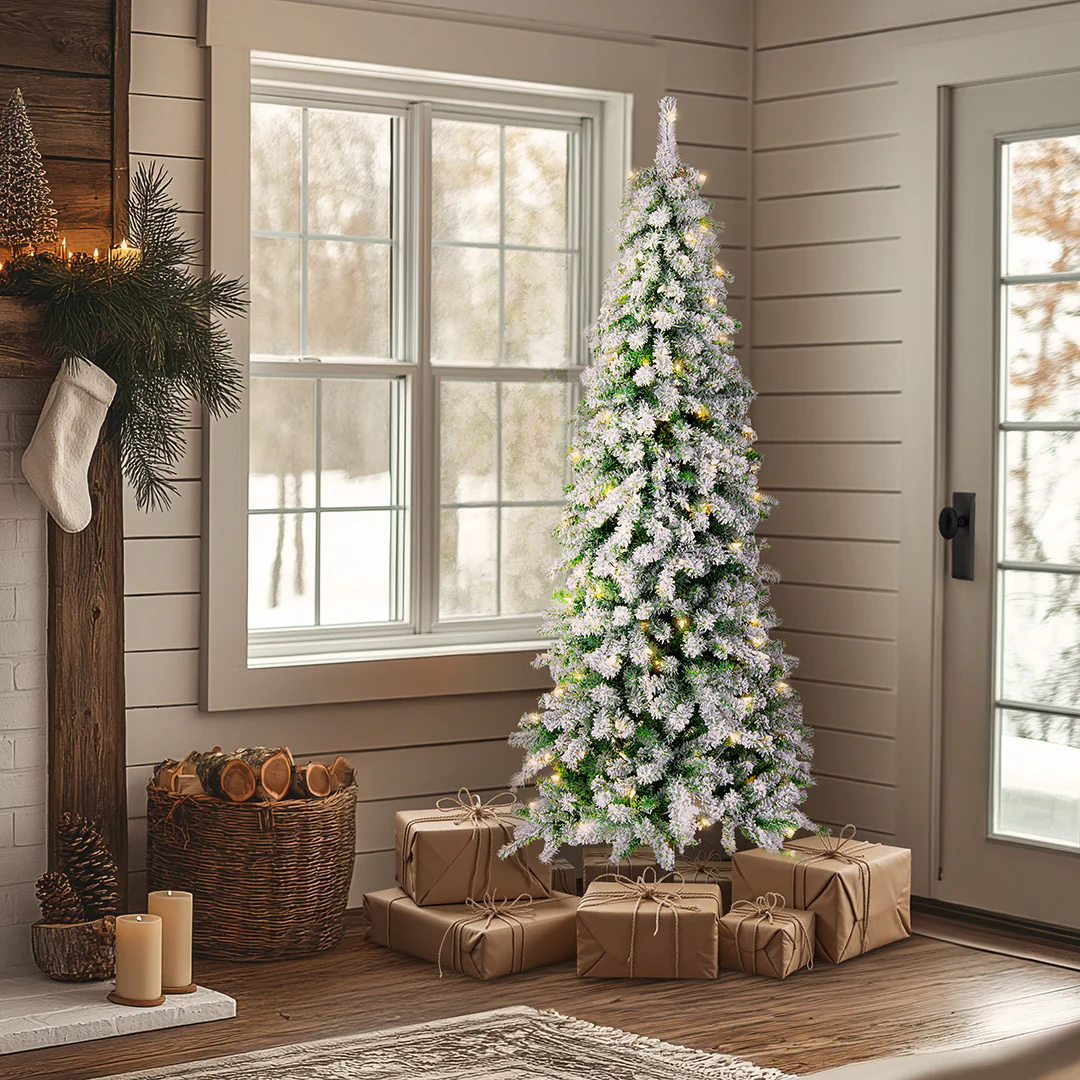 6.5 ft. Pre-Lit Snowy Grand Alpine Pencil Slim Tree with Clear Lights, Plug-In - Image 2