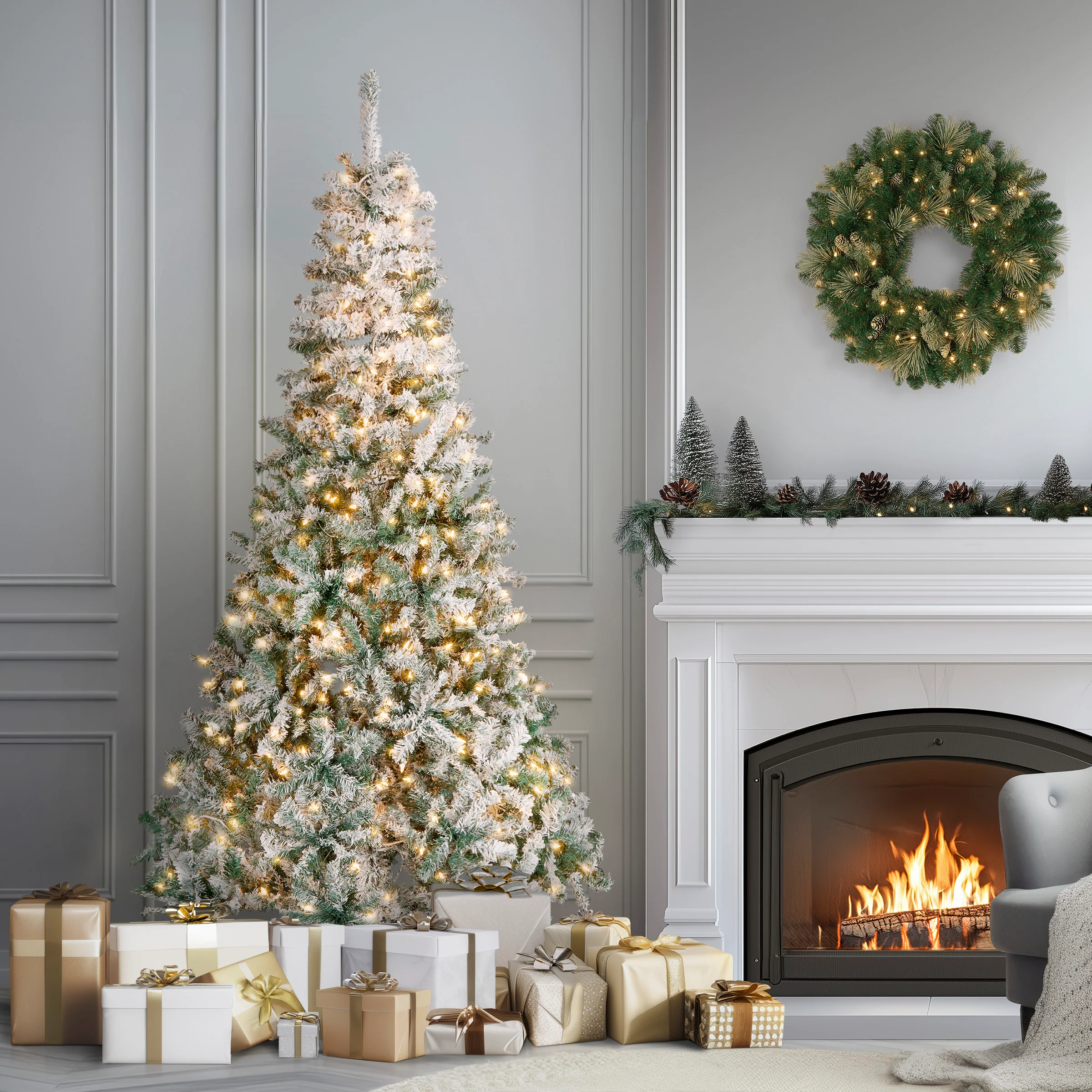 7.5 ft. Pre-Lit Acacia Flocked Tree with Clear Lights - Image 3