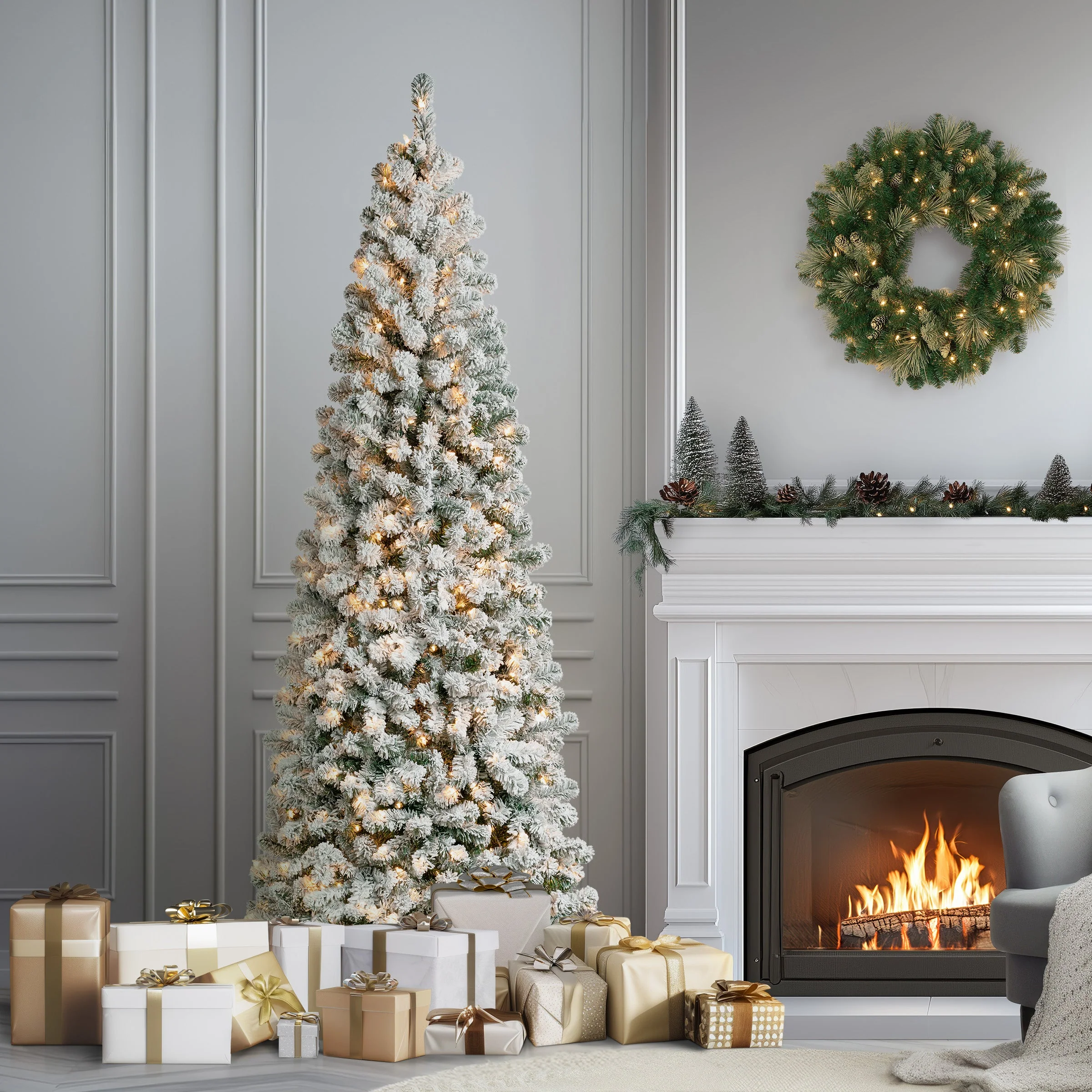 7.5 ft. Pre-Lit Acacia Medium Flocked Tree with Clear Lights - Image 3