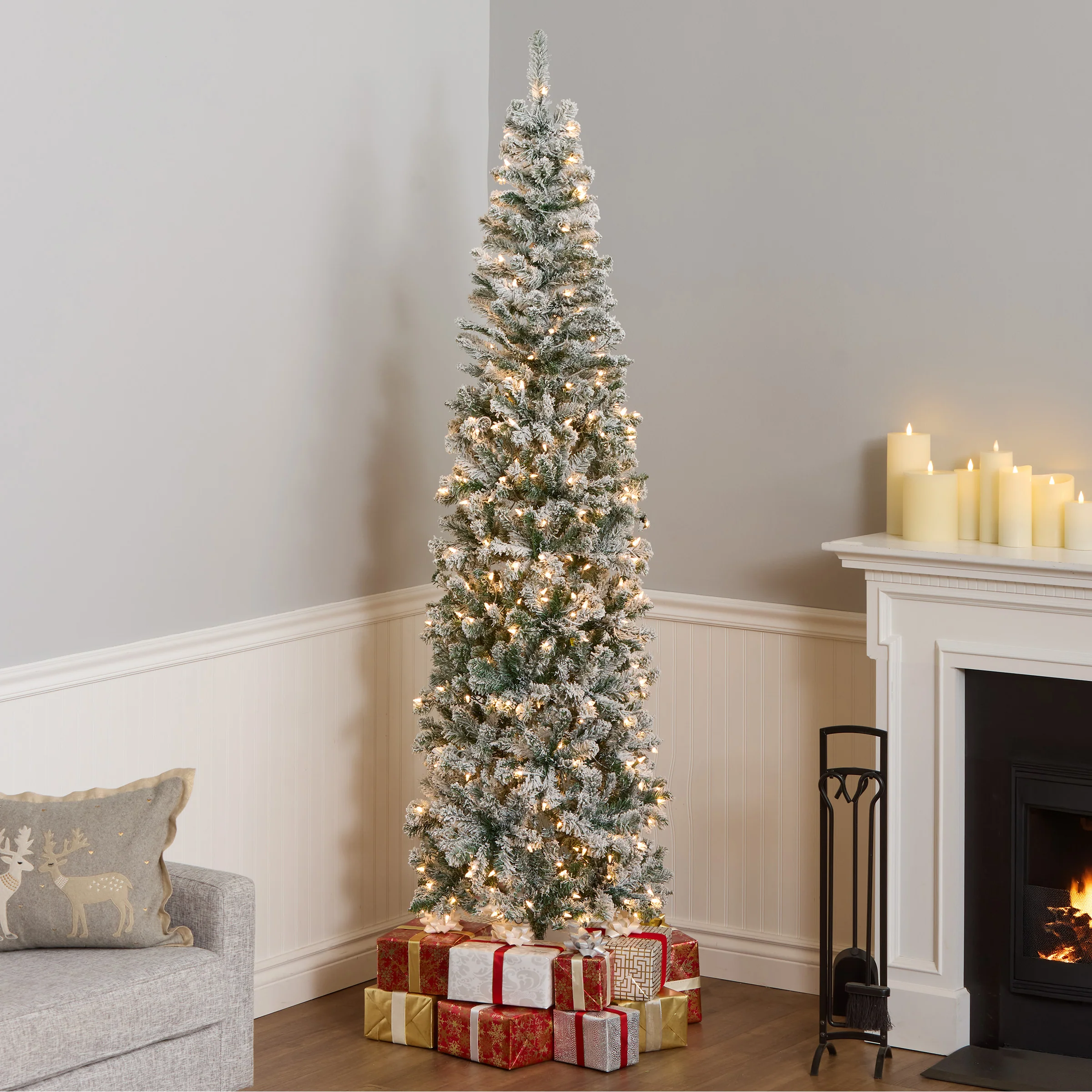 7.5 ft. Pre-Lit Acacia Pencil Slim Flocked Tree with Clear Lights, Plug-In - Image 8