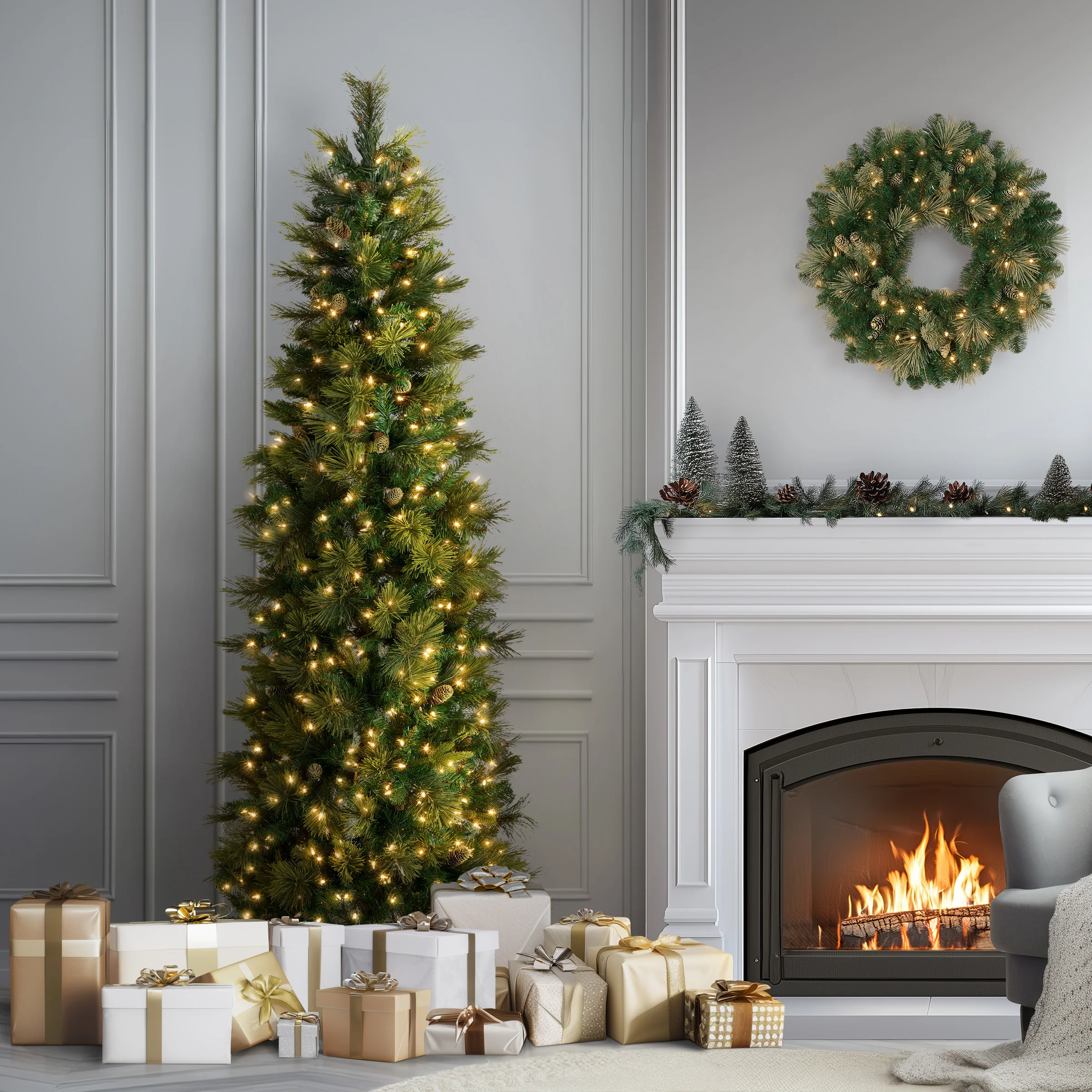 7.5 ft. Pre-Lit Carolina Pine Slim Tree with Clear Lights, Plug-In - Image 3