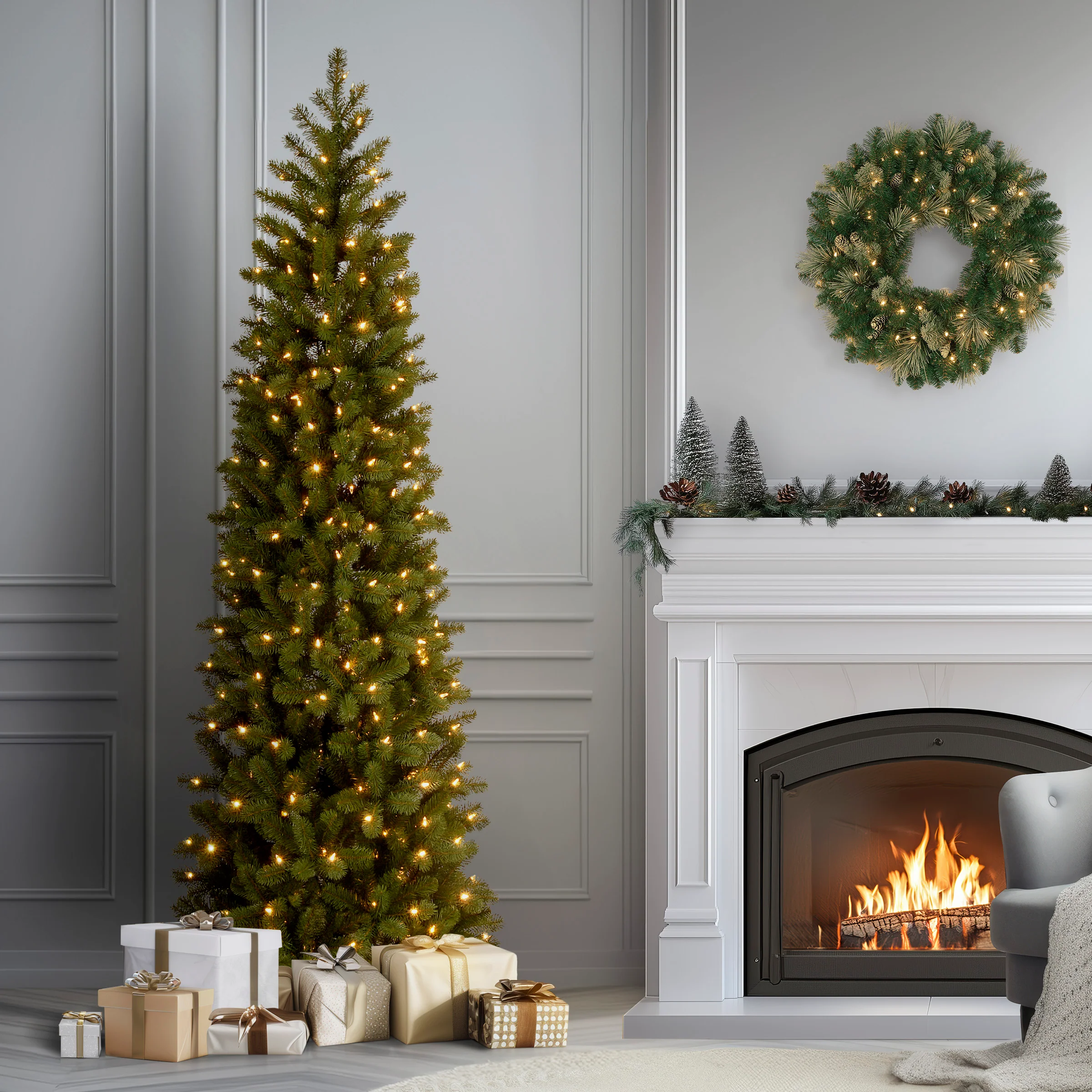 7.5 ft. Pre-Lit Downswept Douglas Fir Pencil Slim Tree with Dual Color LED Lights, Plug-In - Image 2