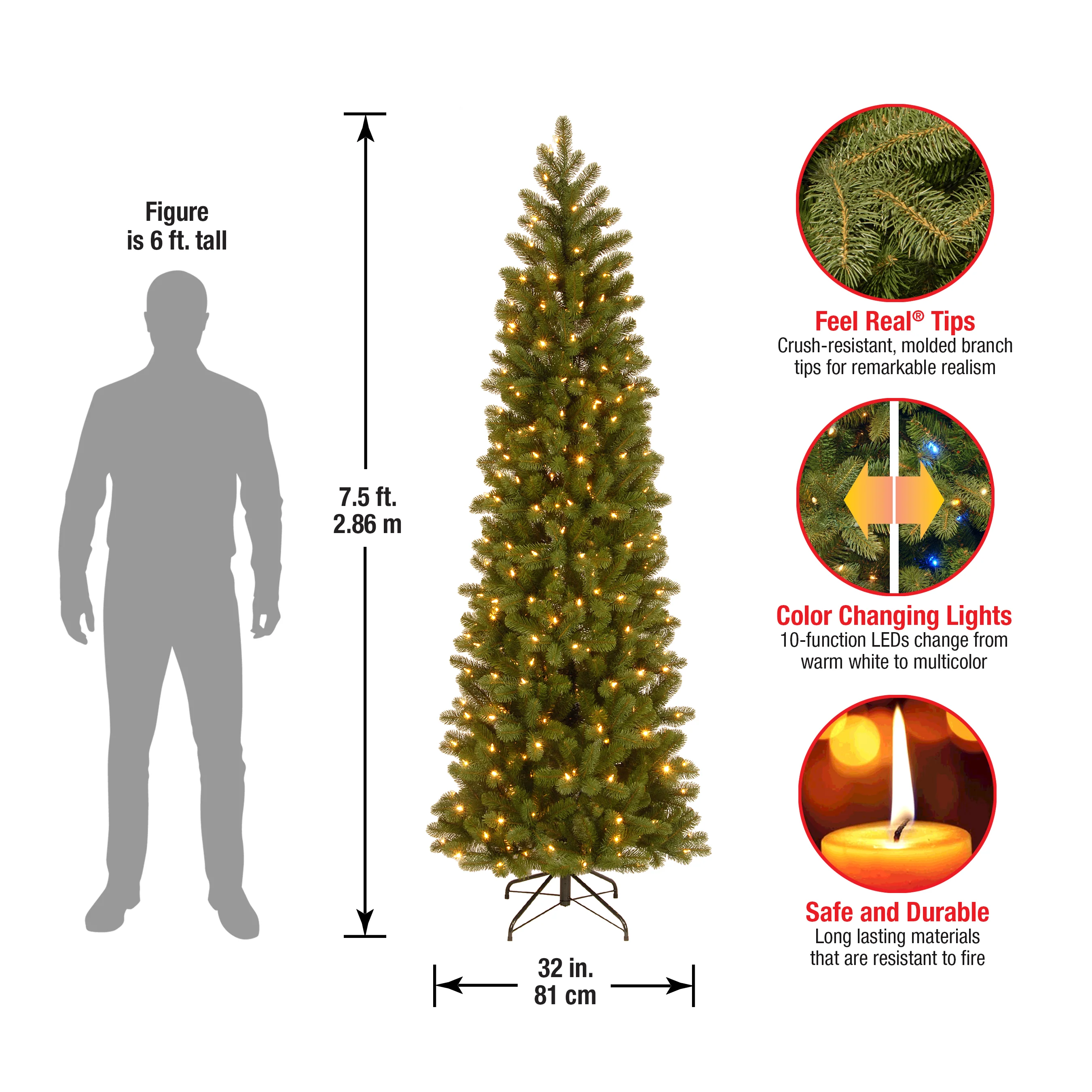 7.5 ft. Pre-Lit Downswept Douglas Fir Pencil Slim Tree with Dual Color LED Lights, Plug-In - Image 7