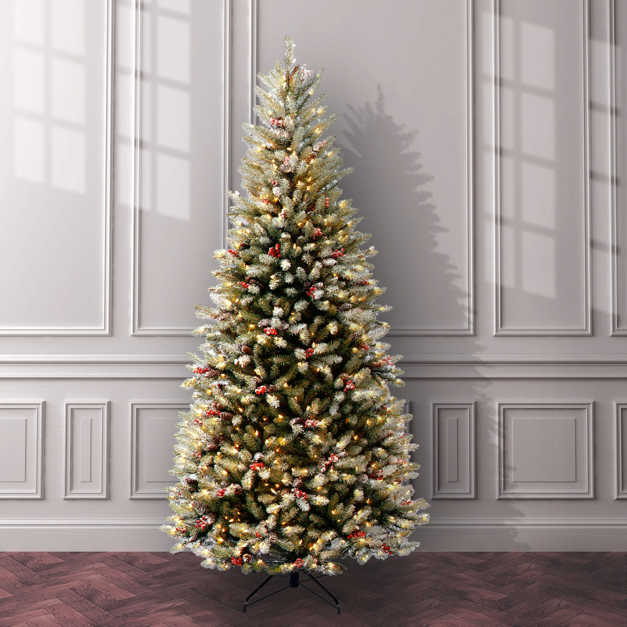 7.5 ft. Pre-Lit Dunhill Fir Slim Tree with Snow, Red Berries, Cones and 600 Clear Lights, Plug-In - Image 2