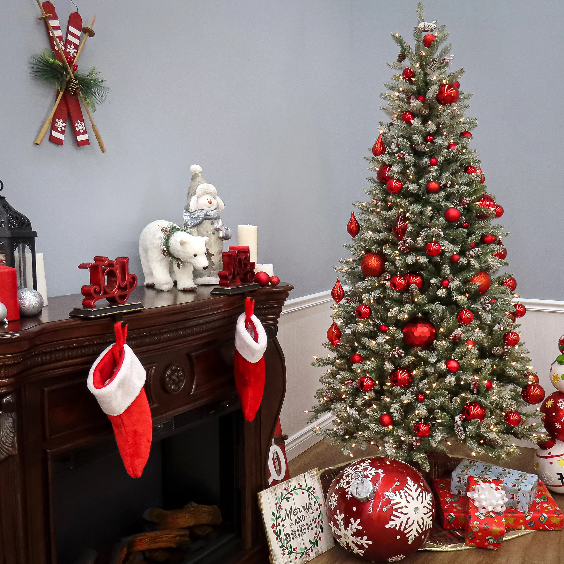 7.5 ft. Pre-Lit Dunhill Fir Slim Tree with Snow, Red Berries, Cones and 600 Clear Lights, Plug-In - Image 5