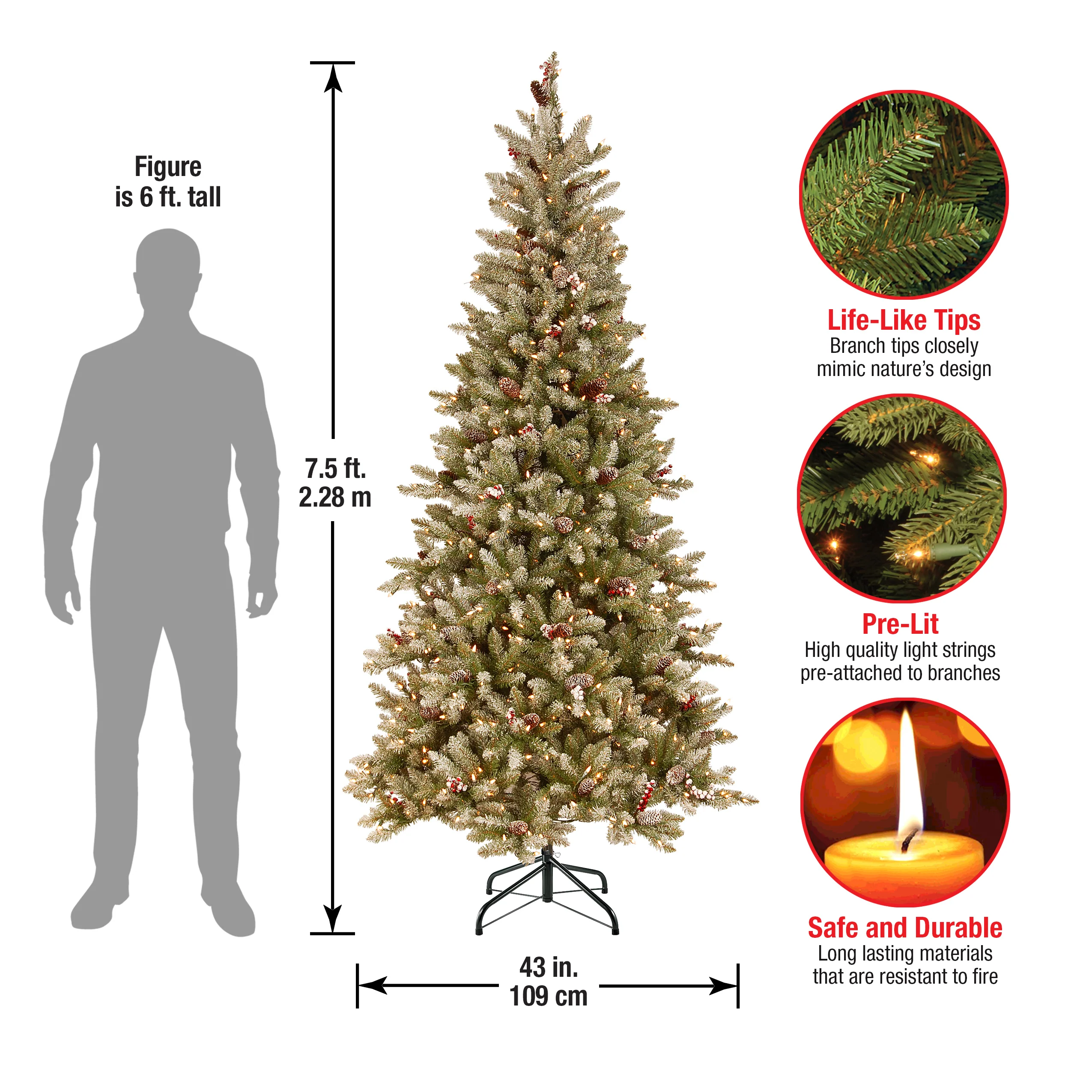 7.5 ft. Pre-Lit Dunhill Fir Slim Tree with Snow, Red Berries, Cones and 600 Clear Lights, Plug-In - Image 6
