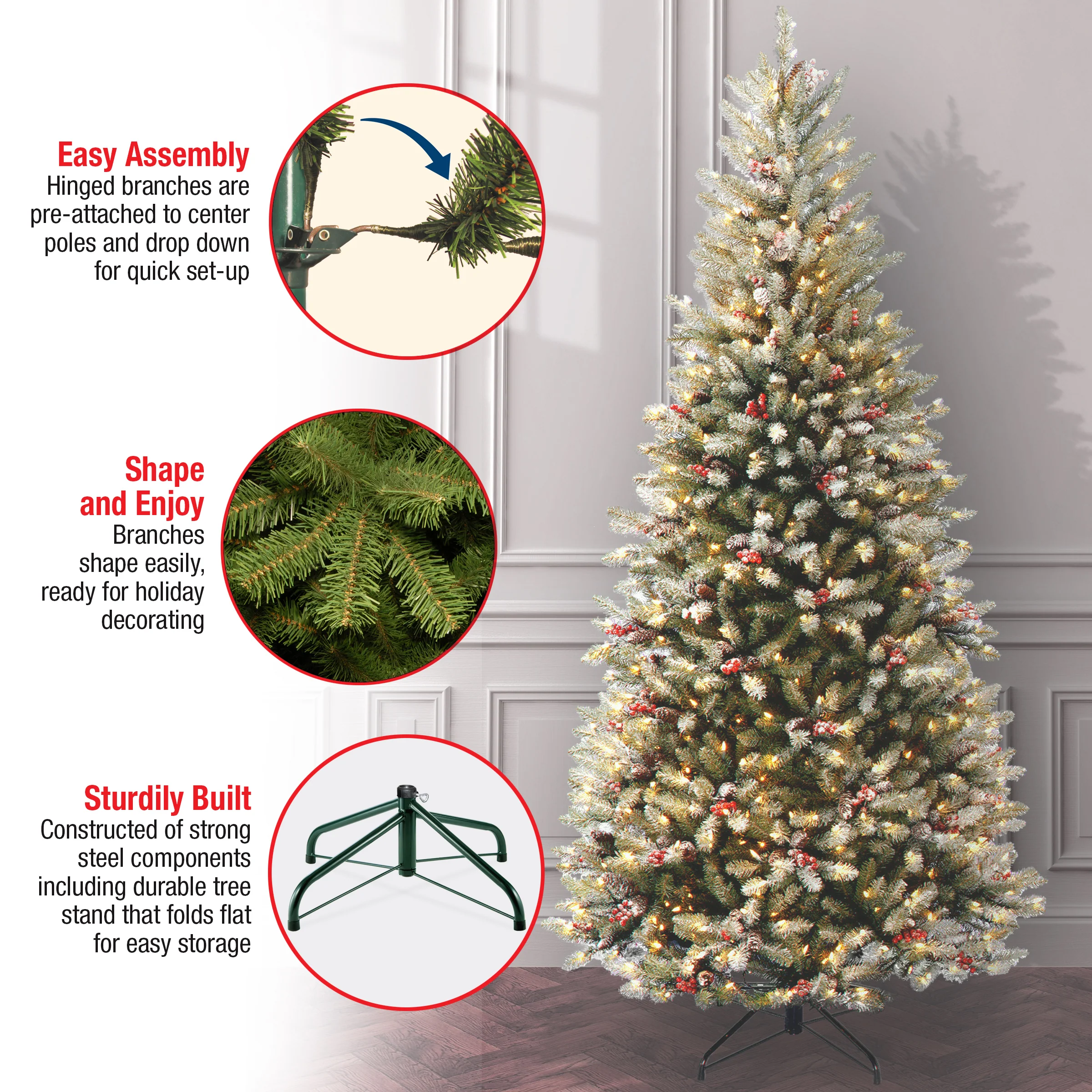 7.5 ft. Pre-Lit Dunhill Fir Slim Tree with Snow, Red Berries, Cones and 600 Clear Lights, Plug-In - Image 7