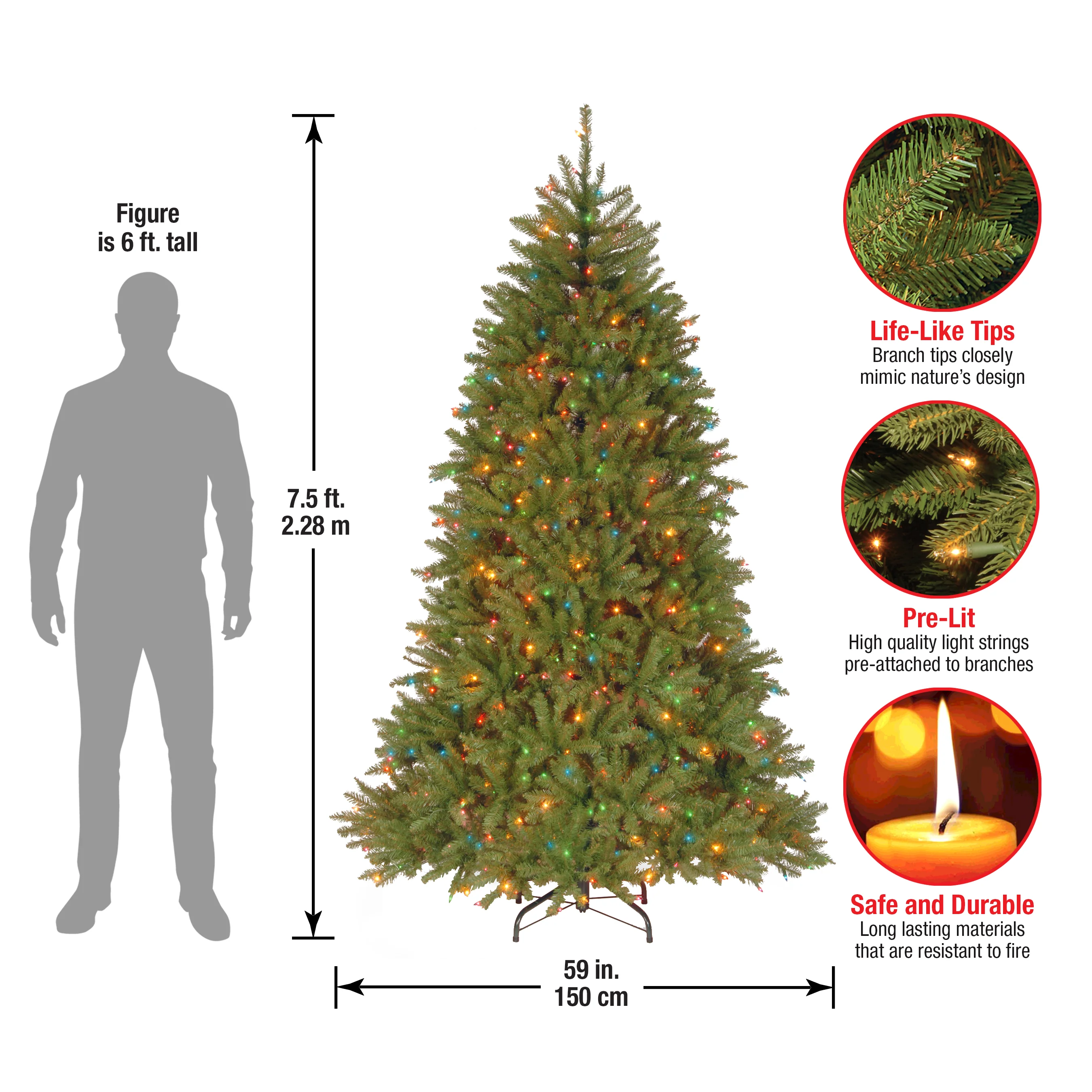 7.5 ft. Pre-Lit Dunhill Fir Tree with Multicolor Lights, Plug-In - Image 15