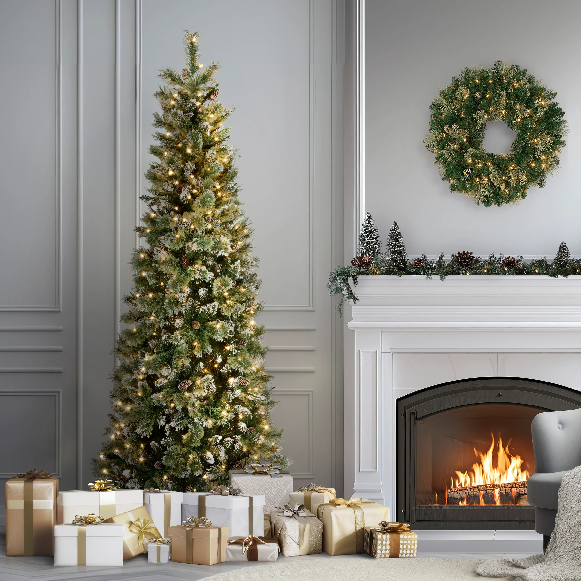 7.5 ft. Pre-Lit Glittery Bristle Slim Tree with Clear Lights, Plug-In - Image 2