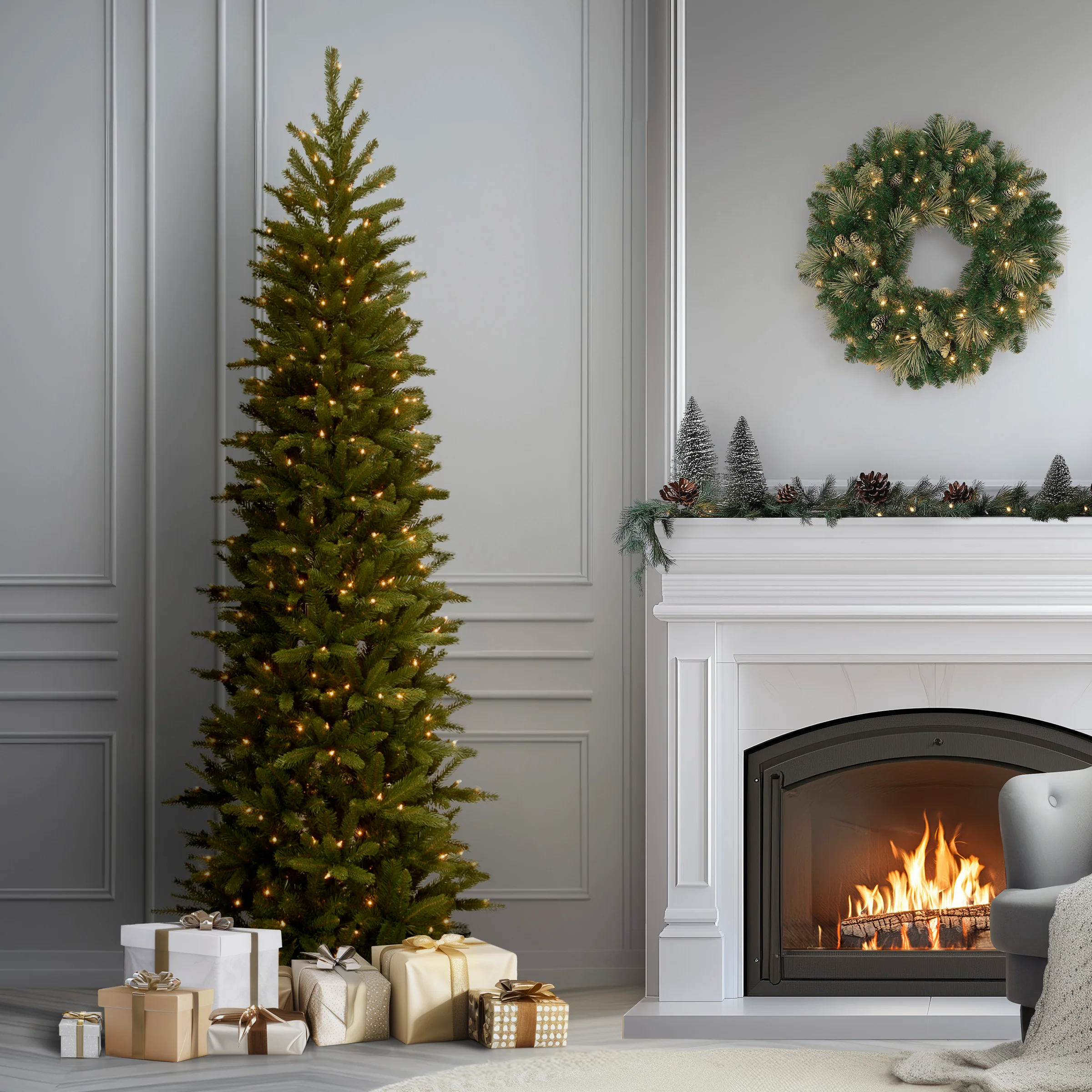 7.5 ft. Pre-Lit Grande Fir Pencil Slim Tree with Clear Lights, Plug-In - Image 2