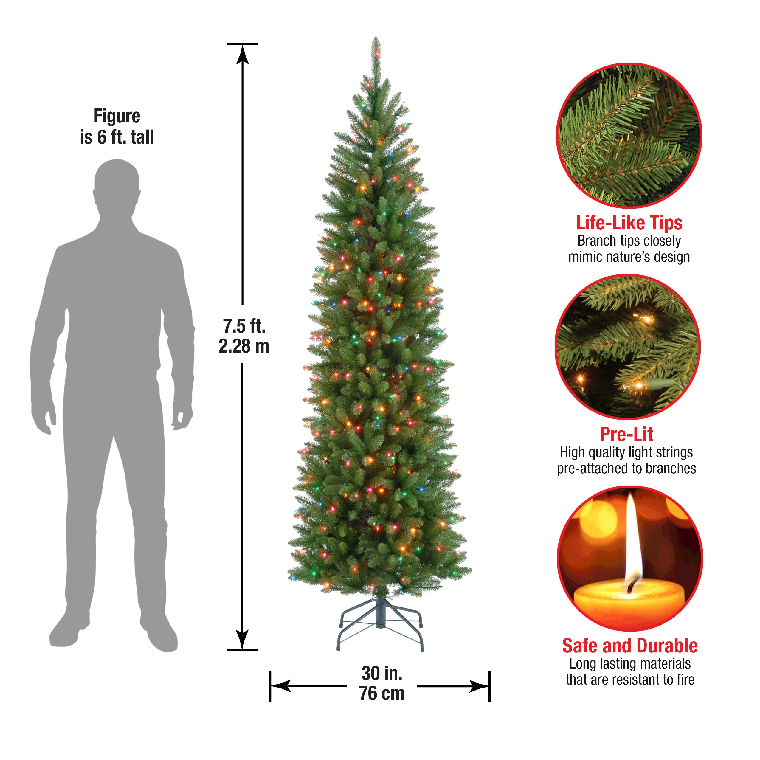 7.5 ft. Pre-Lit Kingswood Fir Pencil Tree with Multicolor Lights, Plug-In - Image 13