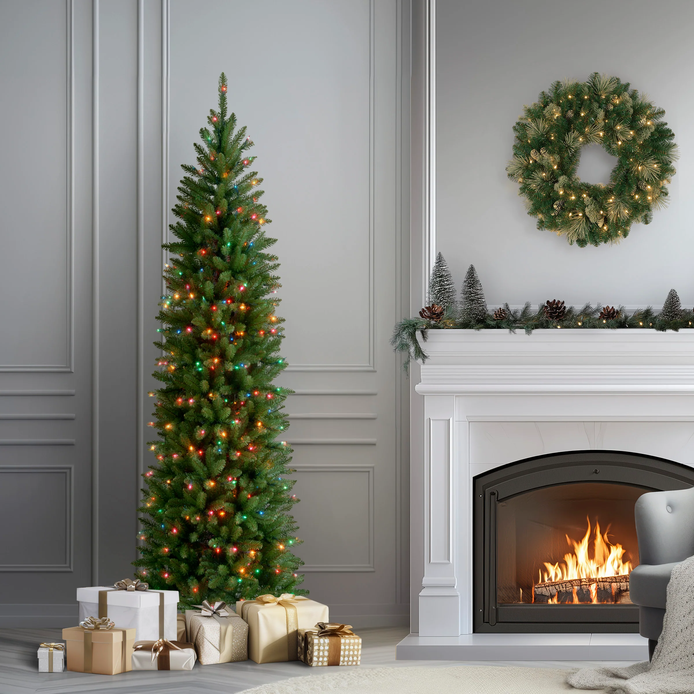 7.5 ft. Pre-Lit Kingswood Fir Pencil Tree with Multicolor Lights, Plug-In - Image 2