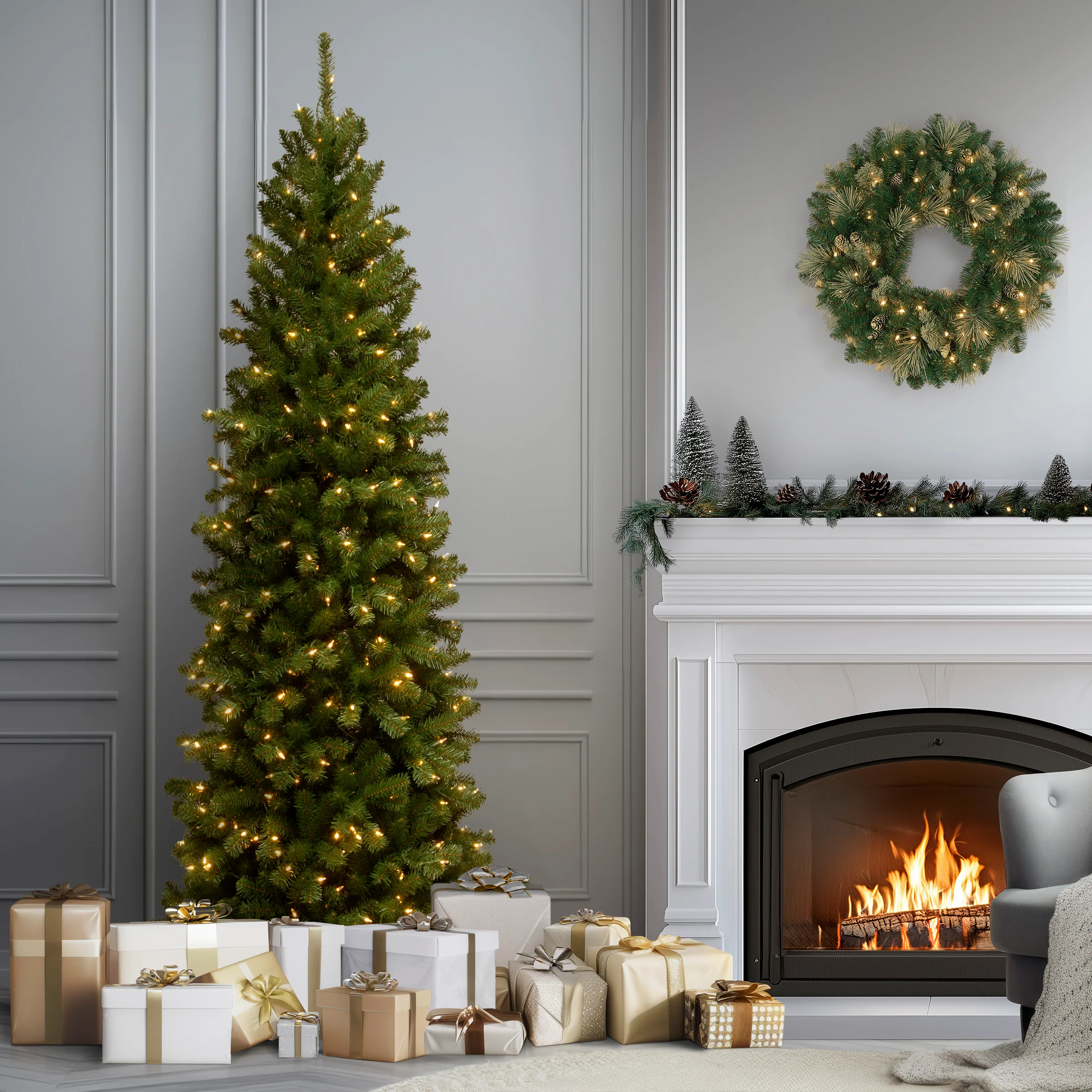 7.5 ft. Pre-Lit North Valley Spruce Pencil Slim Tree with Clear Lights, Plug-In - Image 2