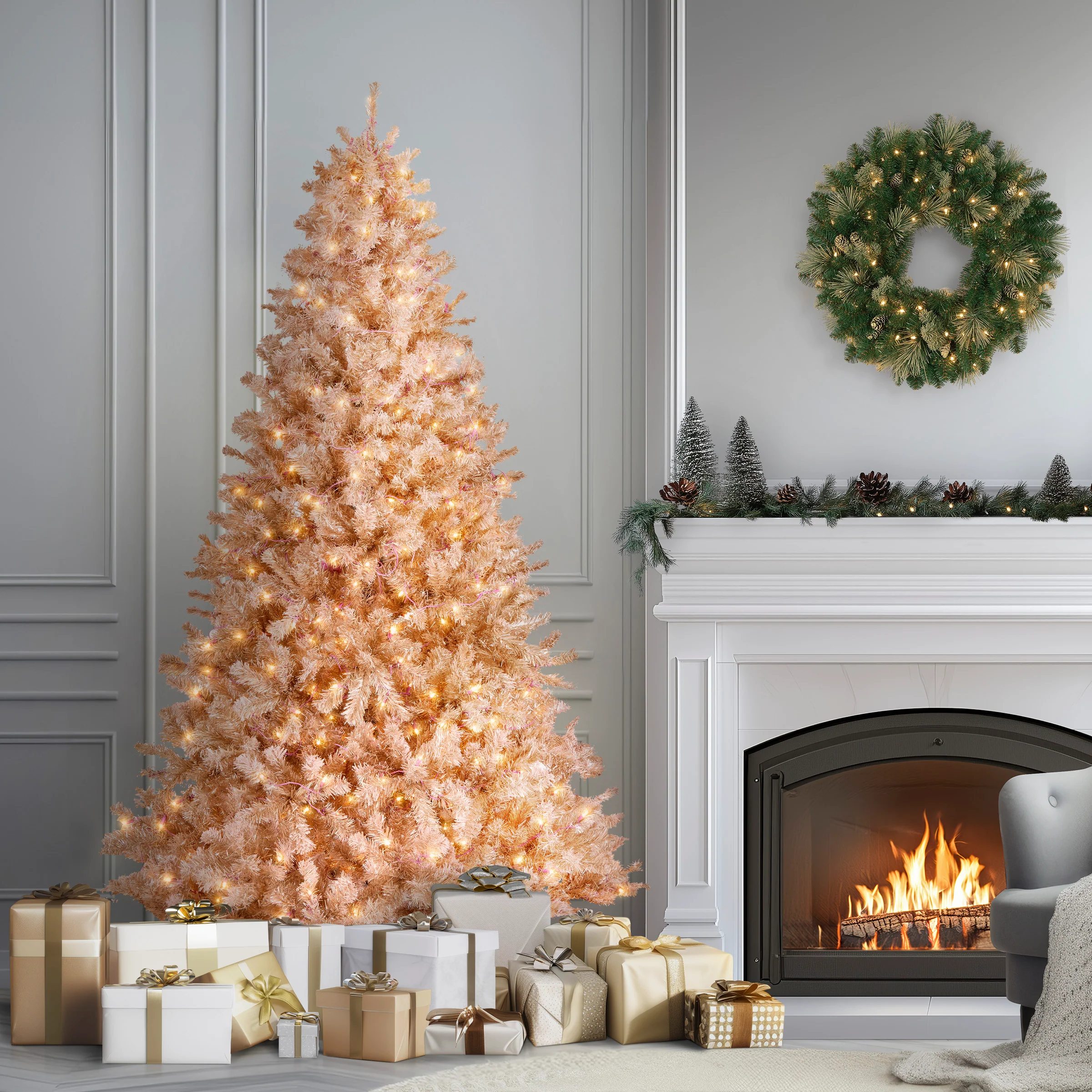 7.5 ft Pre-Lit Pink Flocked Full Artificial Christmas Tree with Clear Lights - Image 3