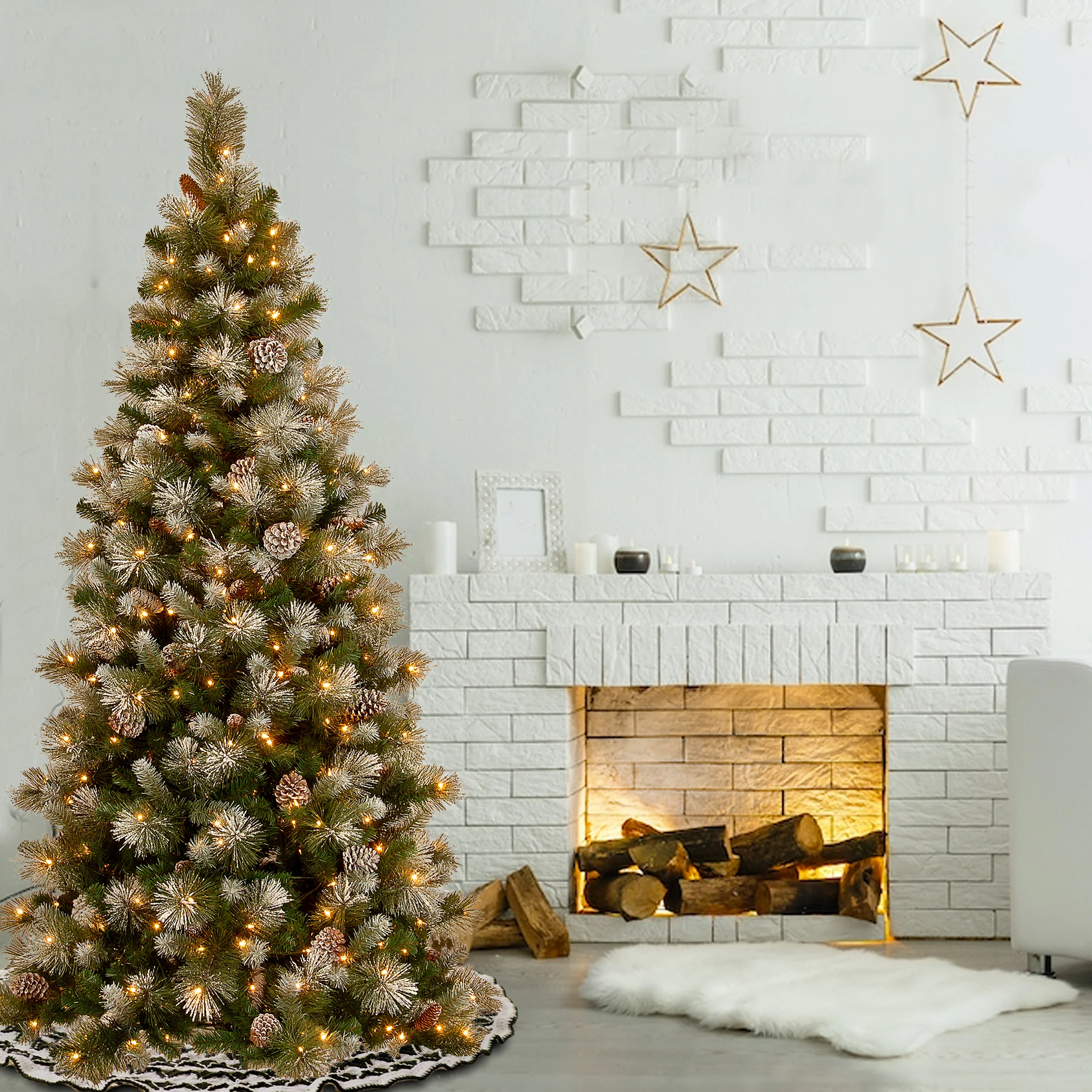 7.5 ft. Pre-Lit Snow Capped Mountain Pine  Slim Tree with Clear Lights - Image 2