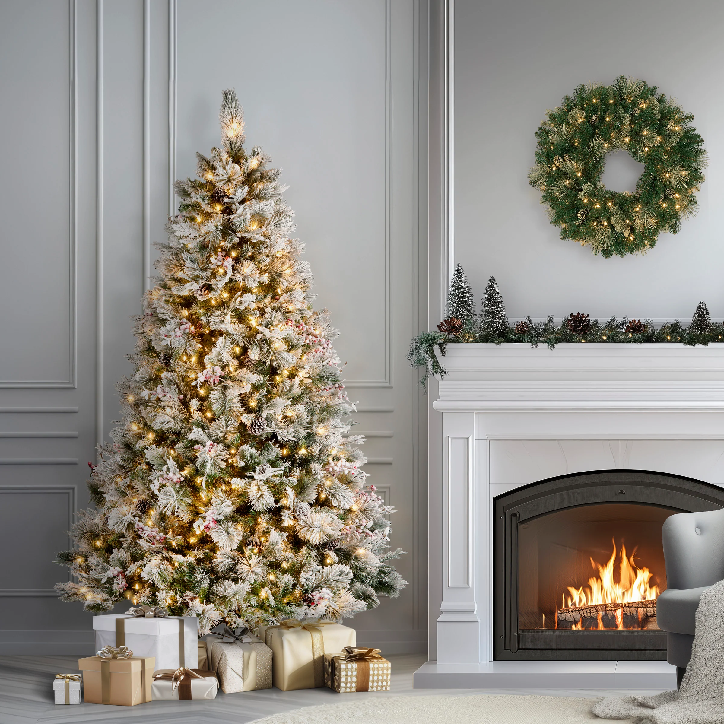 7.5 ft. Pre-Lit Snowy Bedford Pine Tree with Clear Lights - Image 3