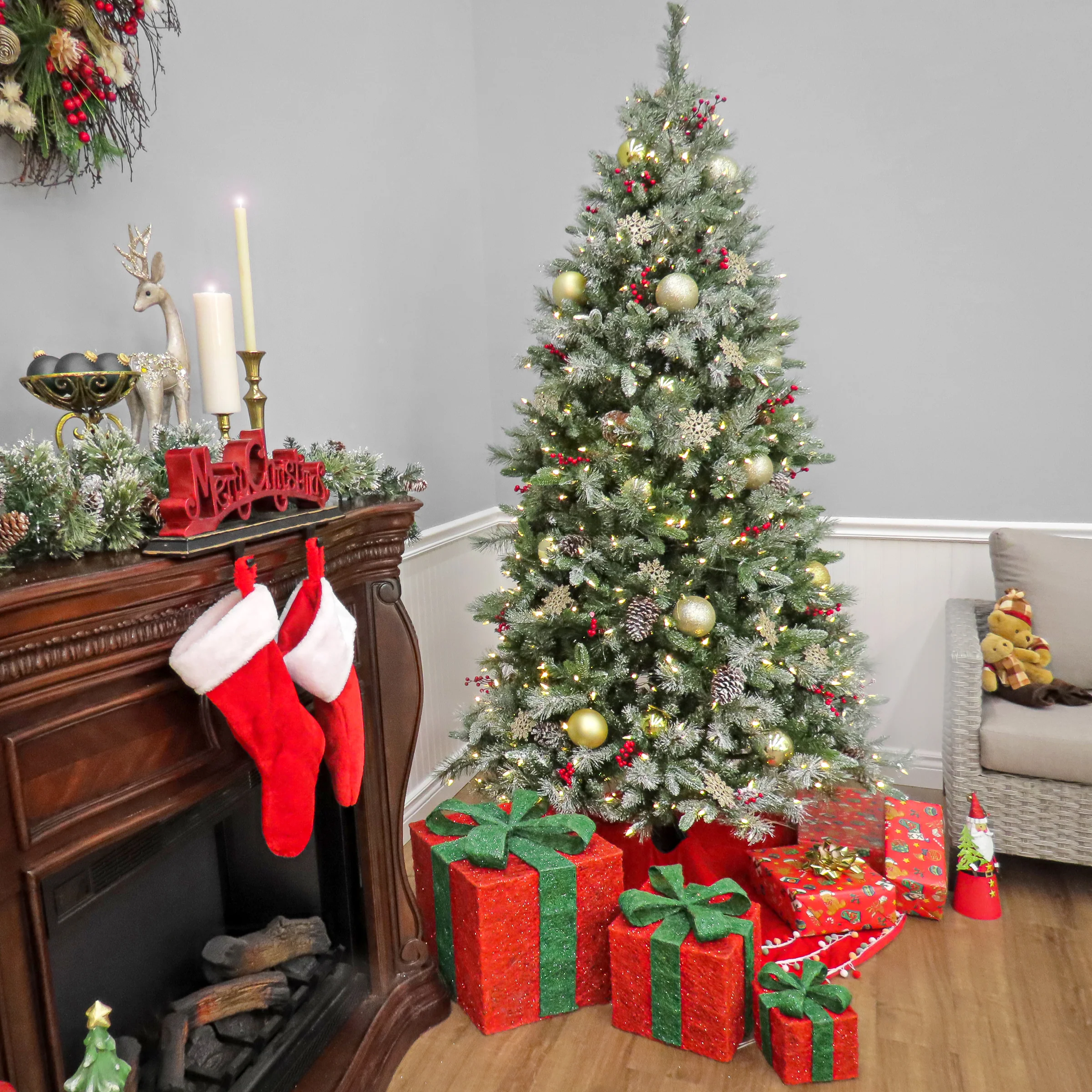 7.5 ft. Pre-Lit Snowy Bristle Berry Tree with PowerConnect Dual Color LED Lights - Image 4