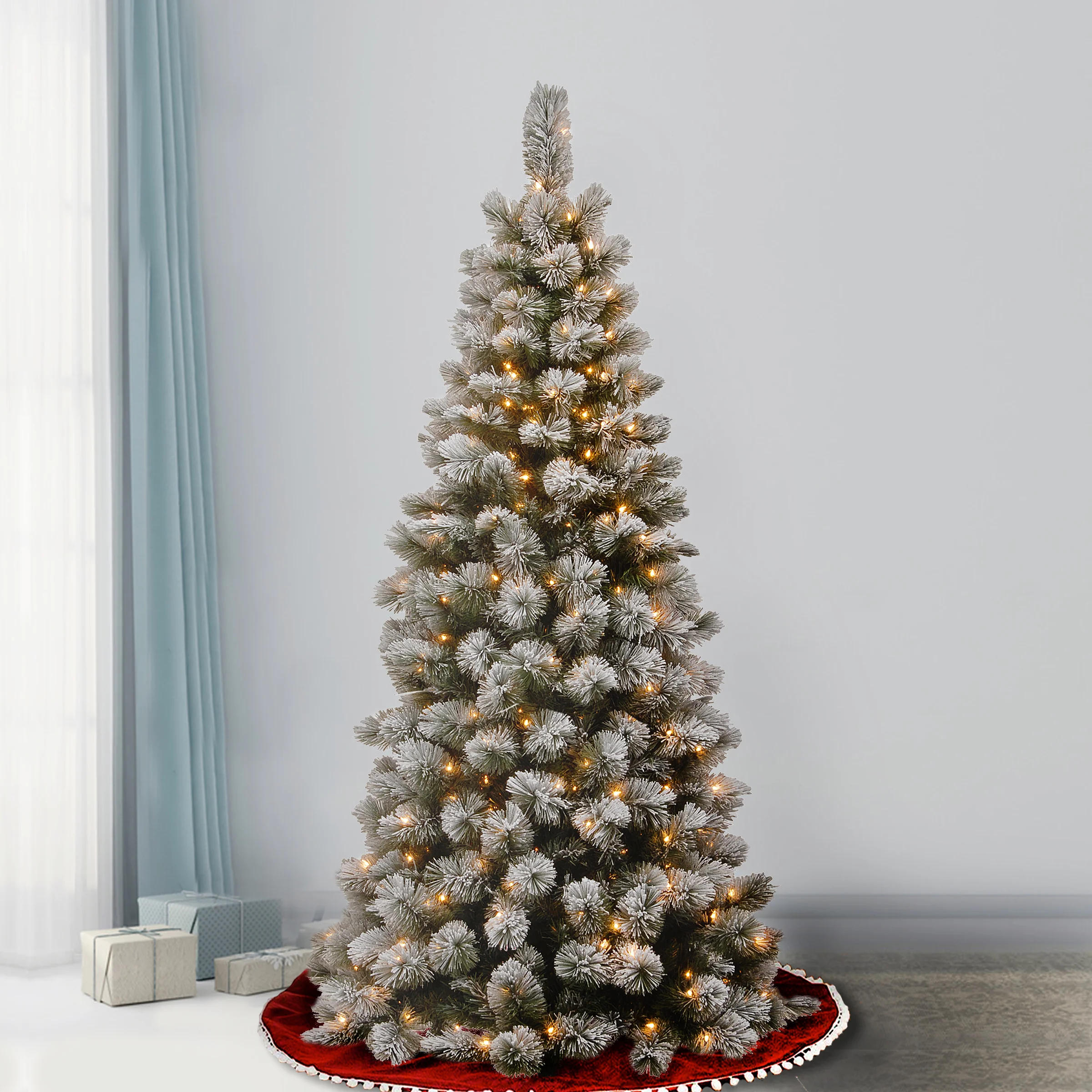7.5 ft. Pre-Lit Snowy Bristle Pine Slim Tree with Clear Lights - Image 2