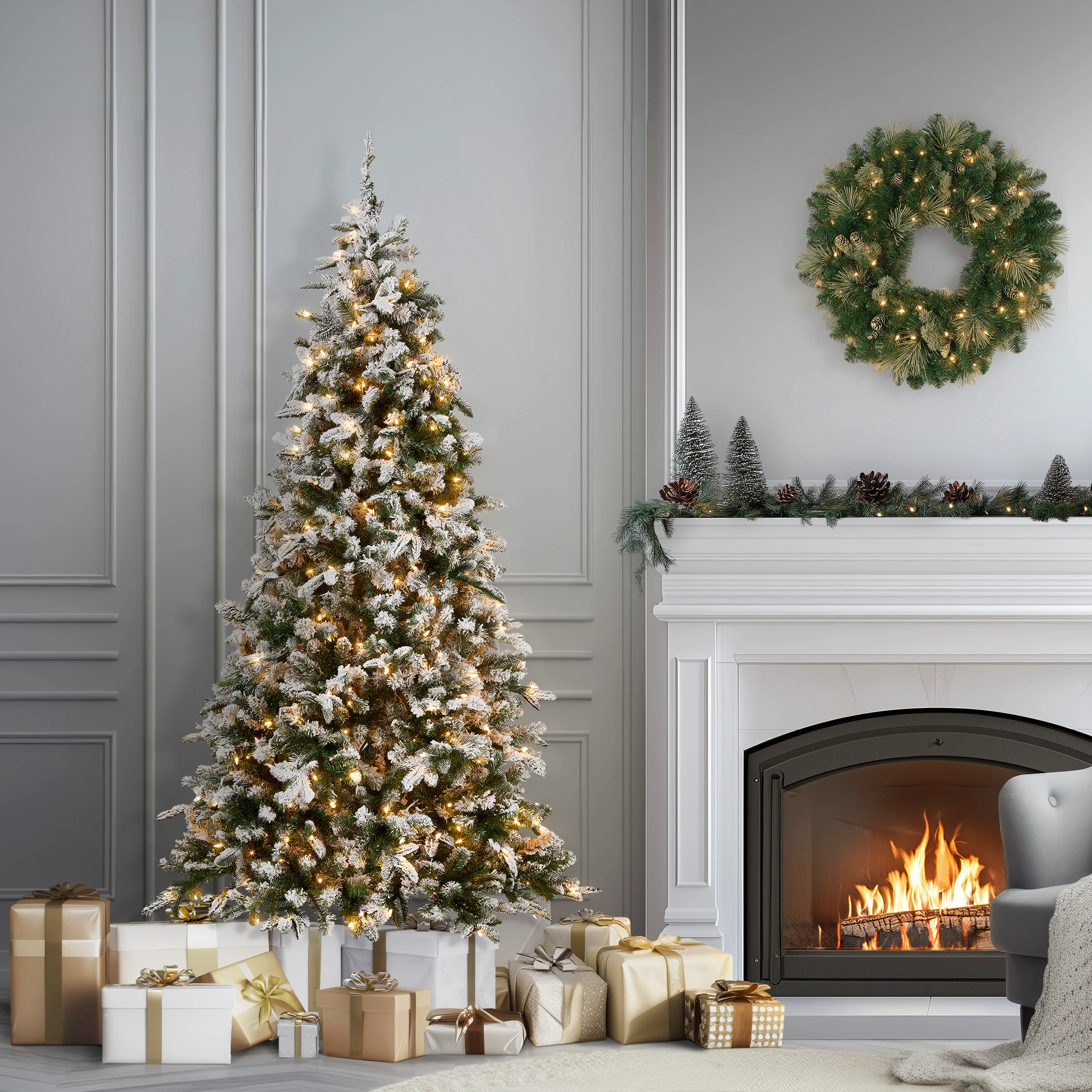 7.5 ft. Pre-Lit Snowy Everest Fir Medium Tree with Clear Lights, Plug-In - Image 2