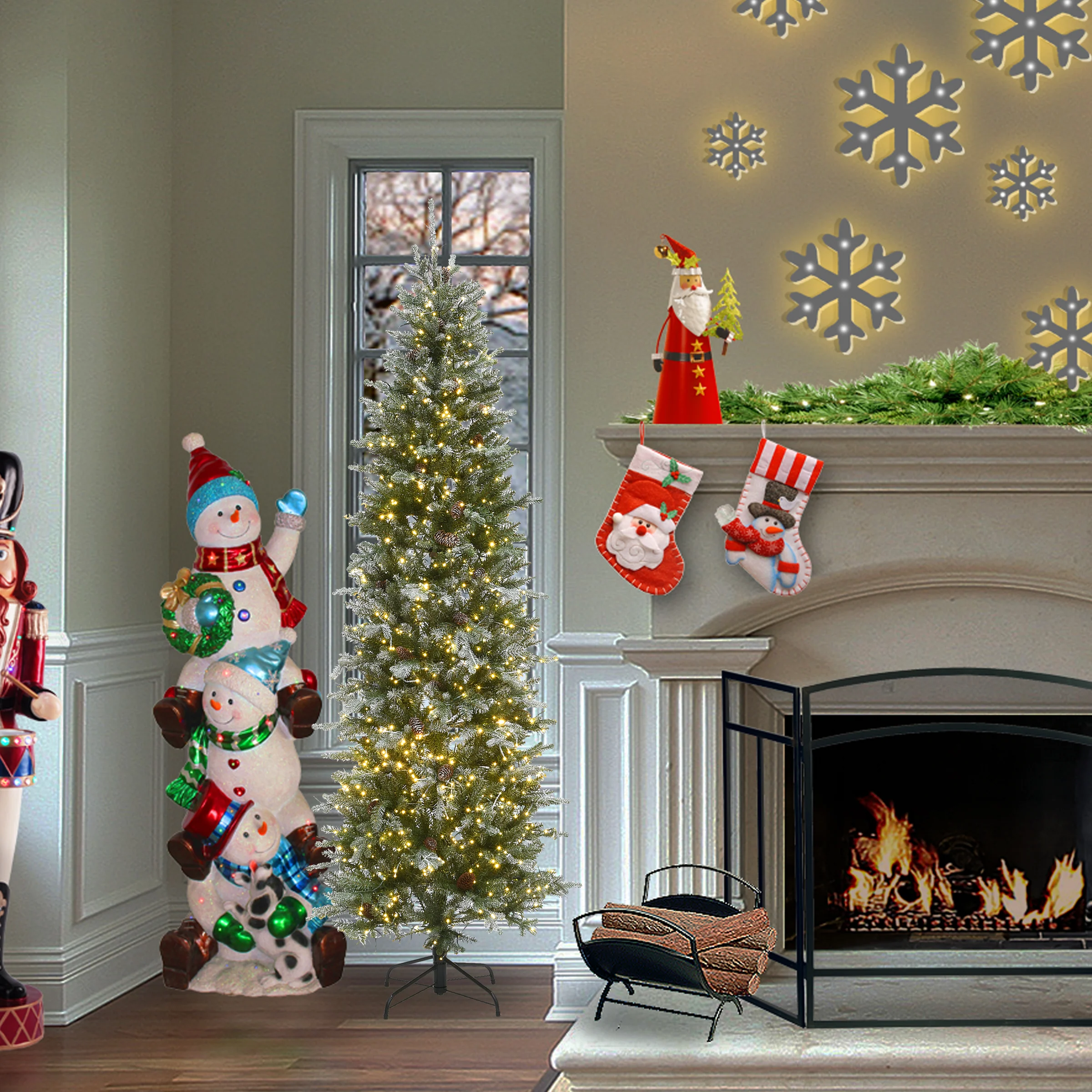 7.5 ft. Pre-Lit Snowy Morgan Spruce Pencil Slim Tree with Dual Color LED Cosmic Lights - Image 2