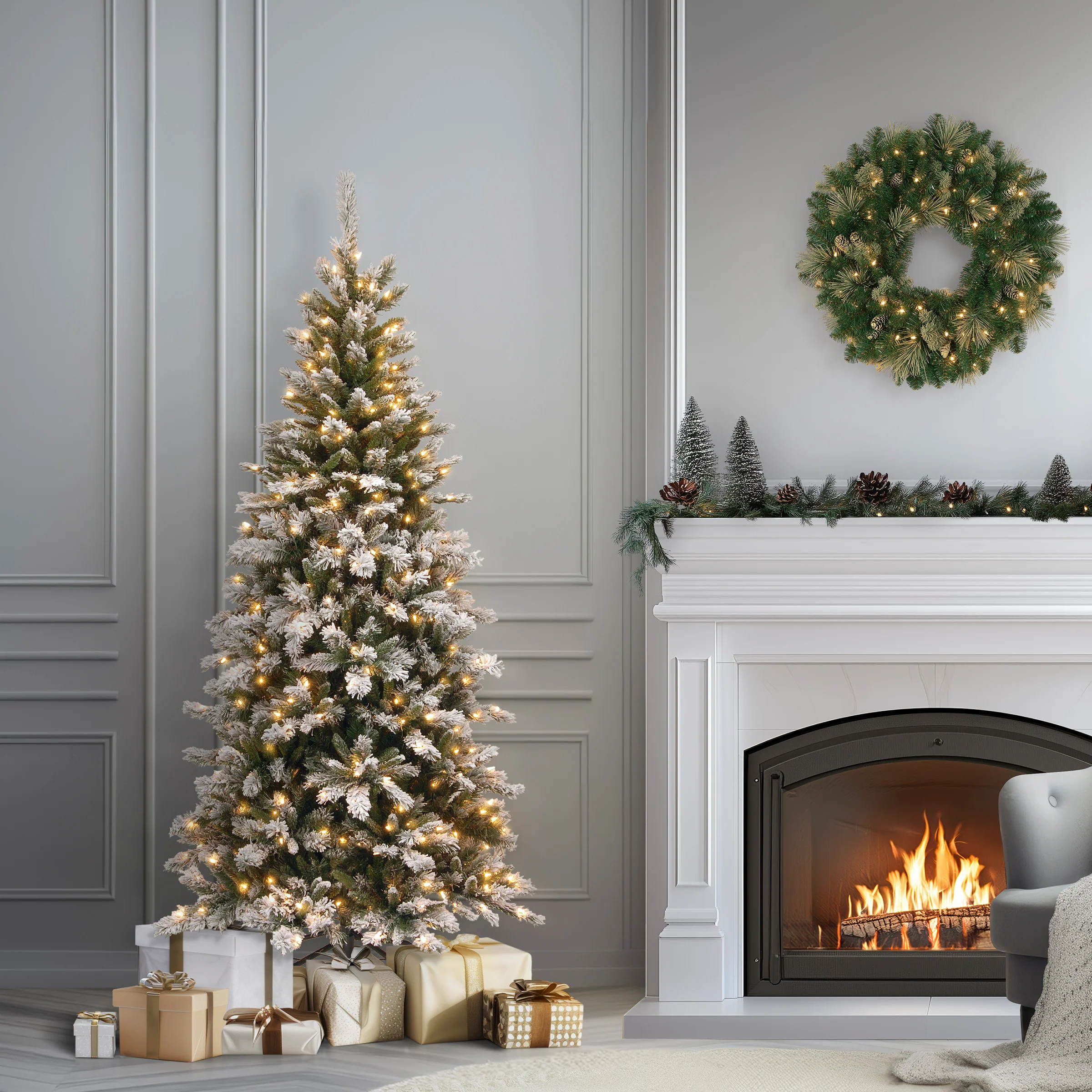 7.5 ft. Pre-Lit Snowy Mountain Pine Slim Tree with Clear Lights, Plug-In - Image 2
