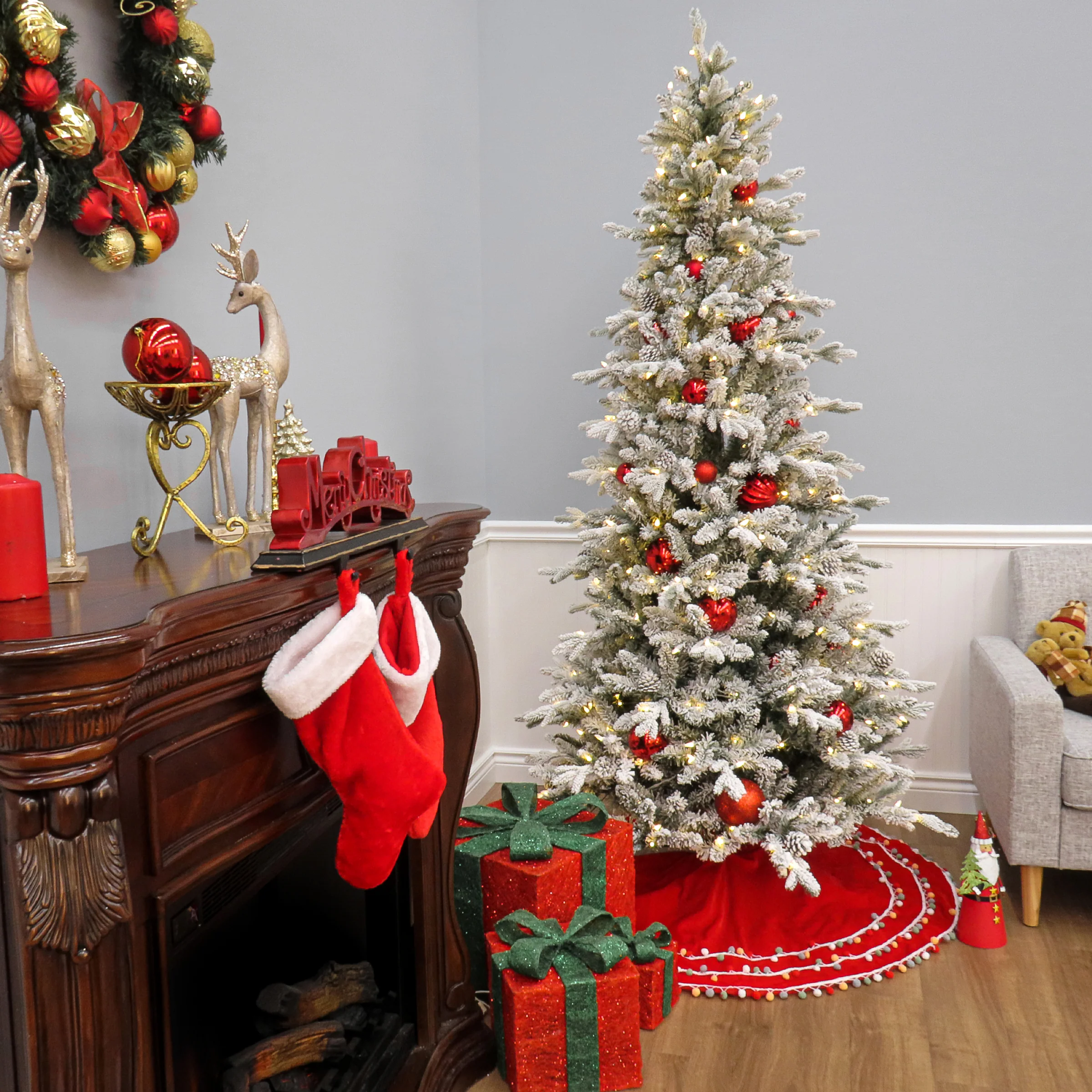 7 ft. Pre-Lit Snowy Calton Pine Tree with LED Lights, Plug-In - Image 4