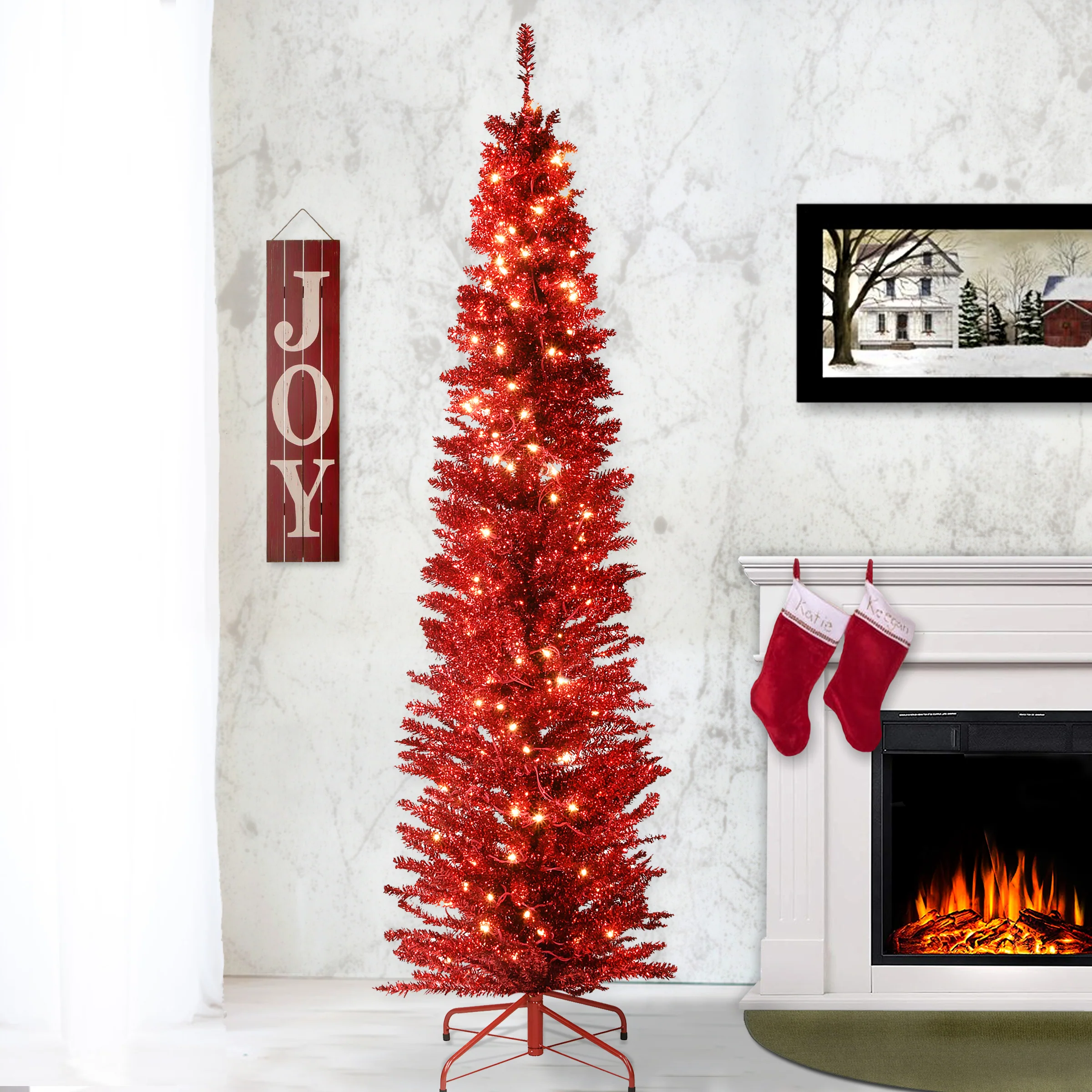 7 ft. Pre-Lit Tinsel Collection Red Tree with Clear Lights - Image 2