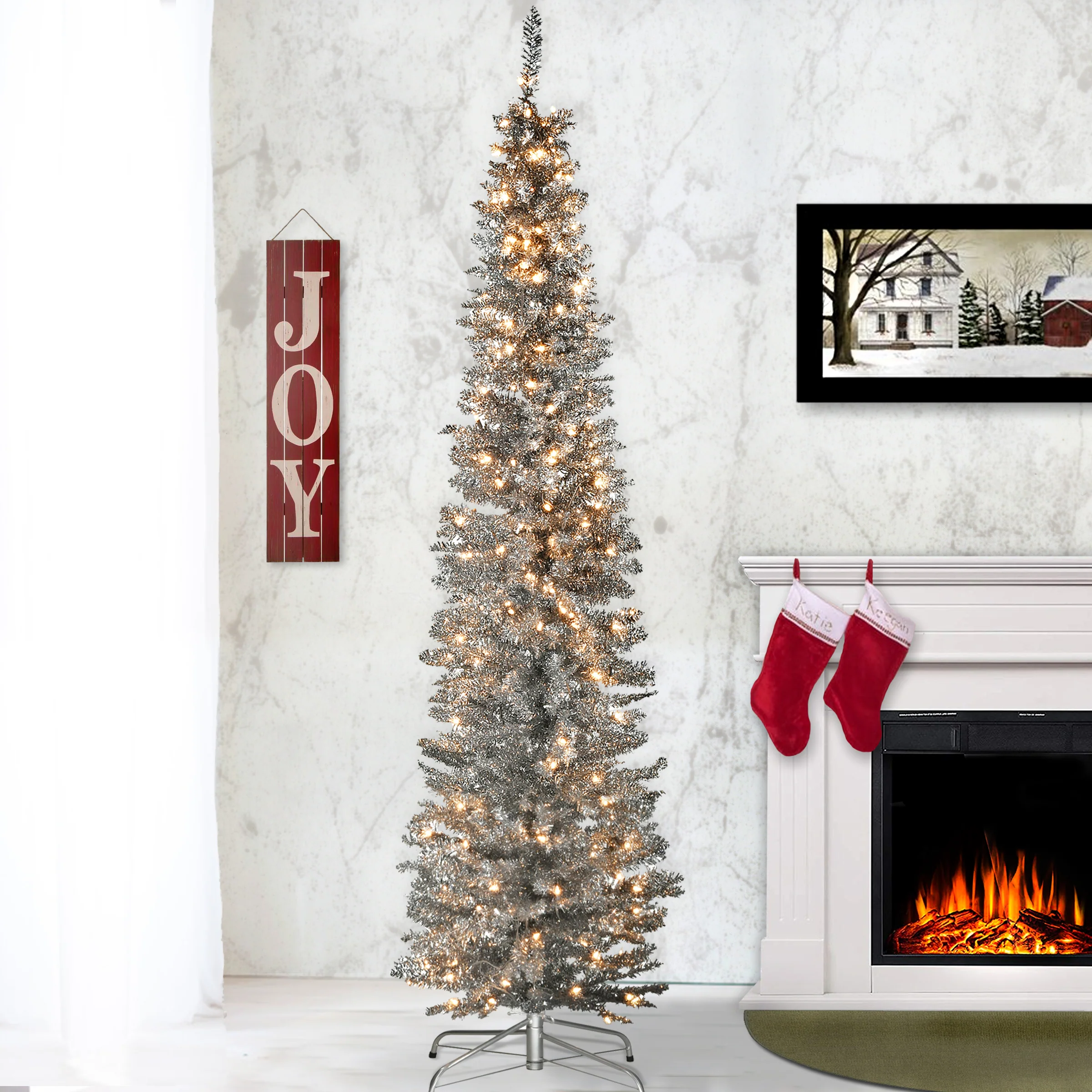 7 ft. Pre-Lit Tinsel Collection Silver Tree with Clear Lights - Image 2