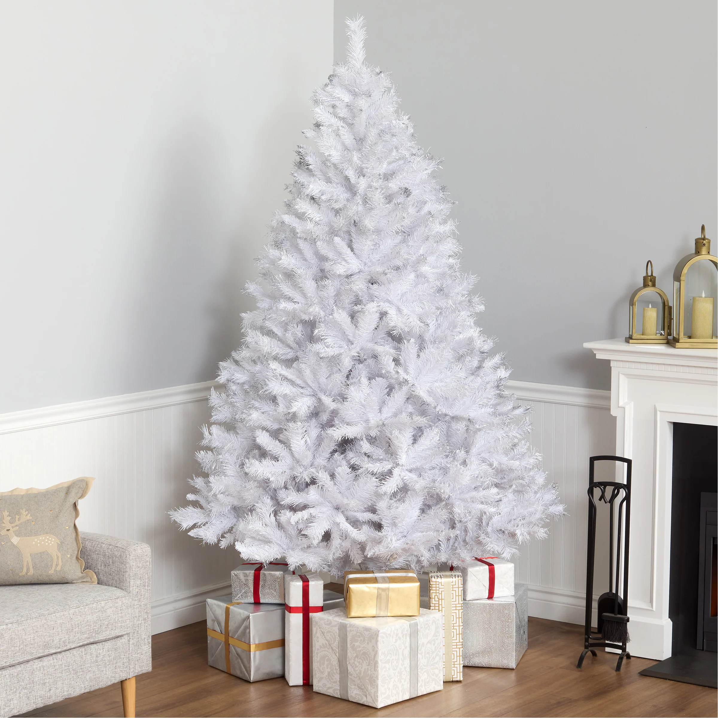7.5 ft. Pre-Lit Winchester Pine White Tree with Clear Lights and Silver Glitter, Plug-In - Image 7