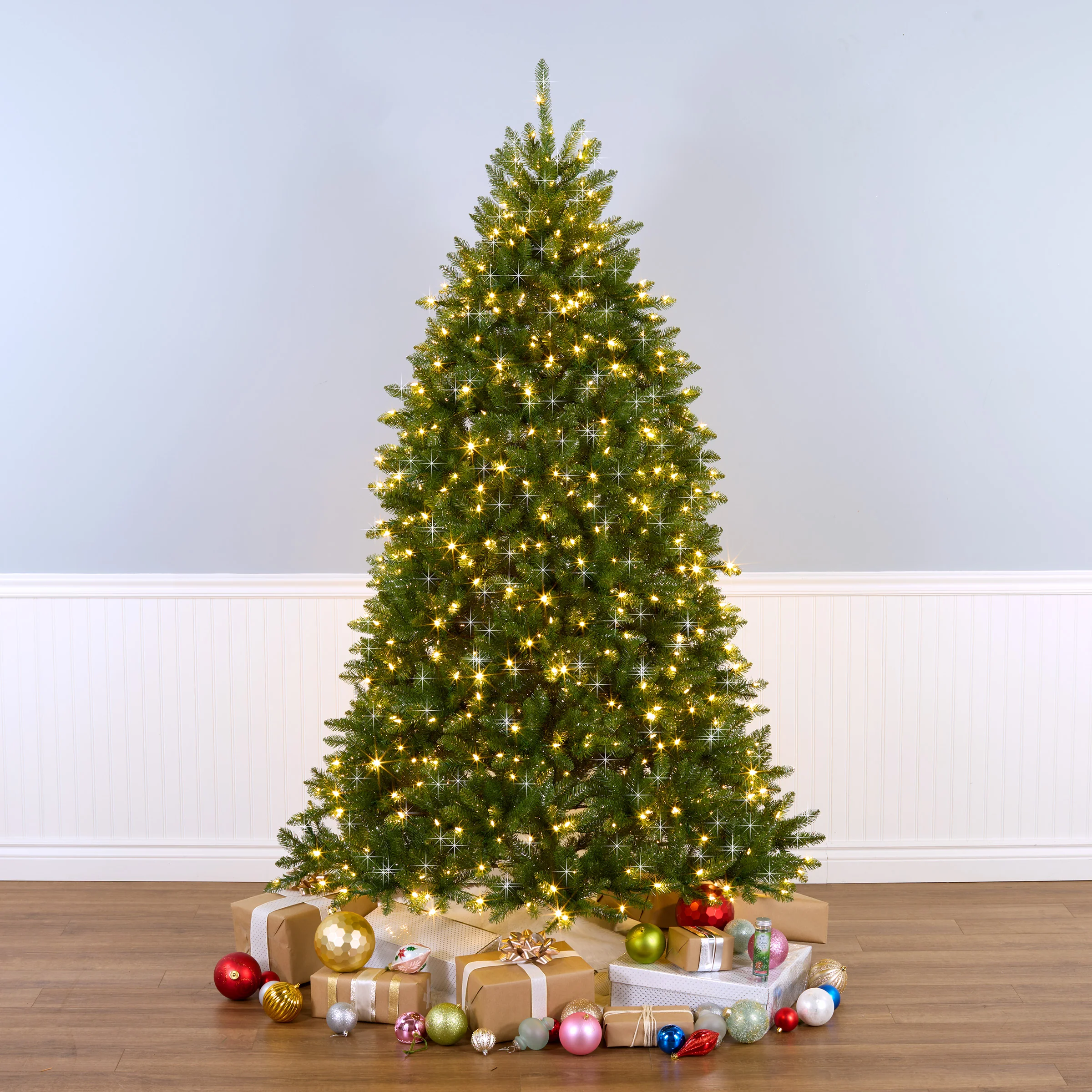 7.5 ft. Pre-Lit Dunhill Fir Shimmer Tree Silver Tinsel with Dual Color LED Lights, Plug-In - Image 6