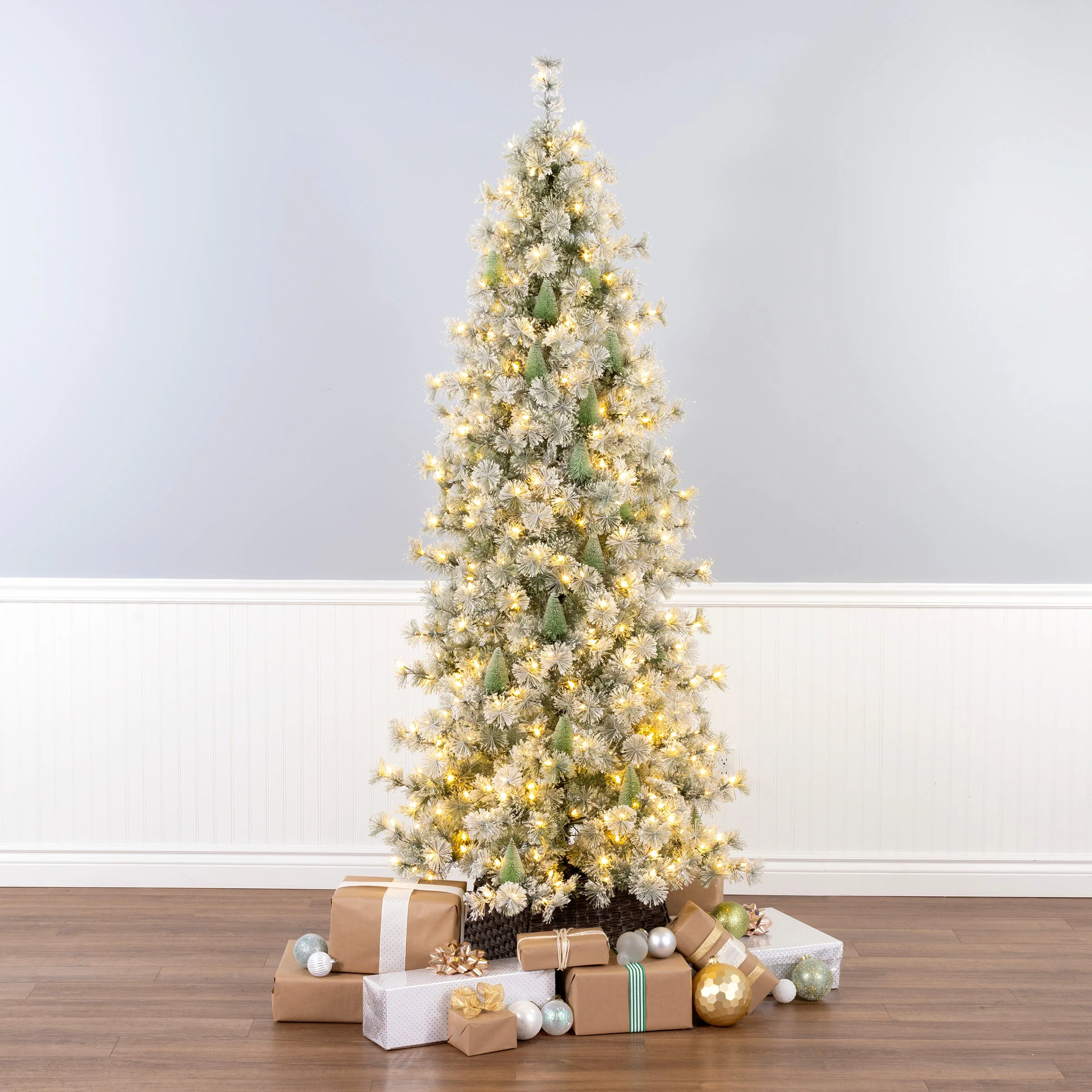 7.5 ft. Pre-Lit Snowy Bottle Brush Slim Tree with Clear Lights, Plug-In - Image 2