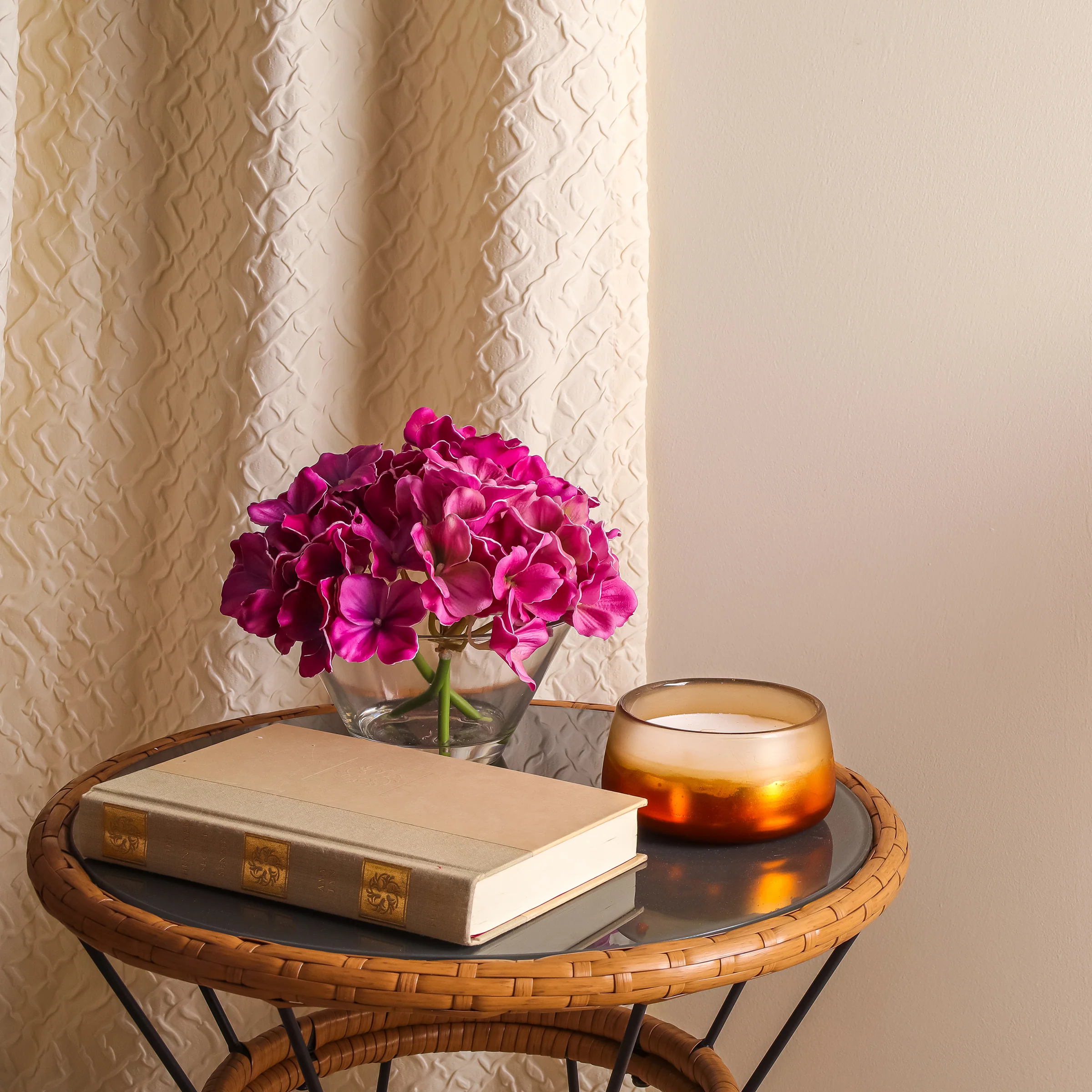 8 in. Spring Dark Purple Hydrangea Bouquet in Glass Vase - Image 2